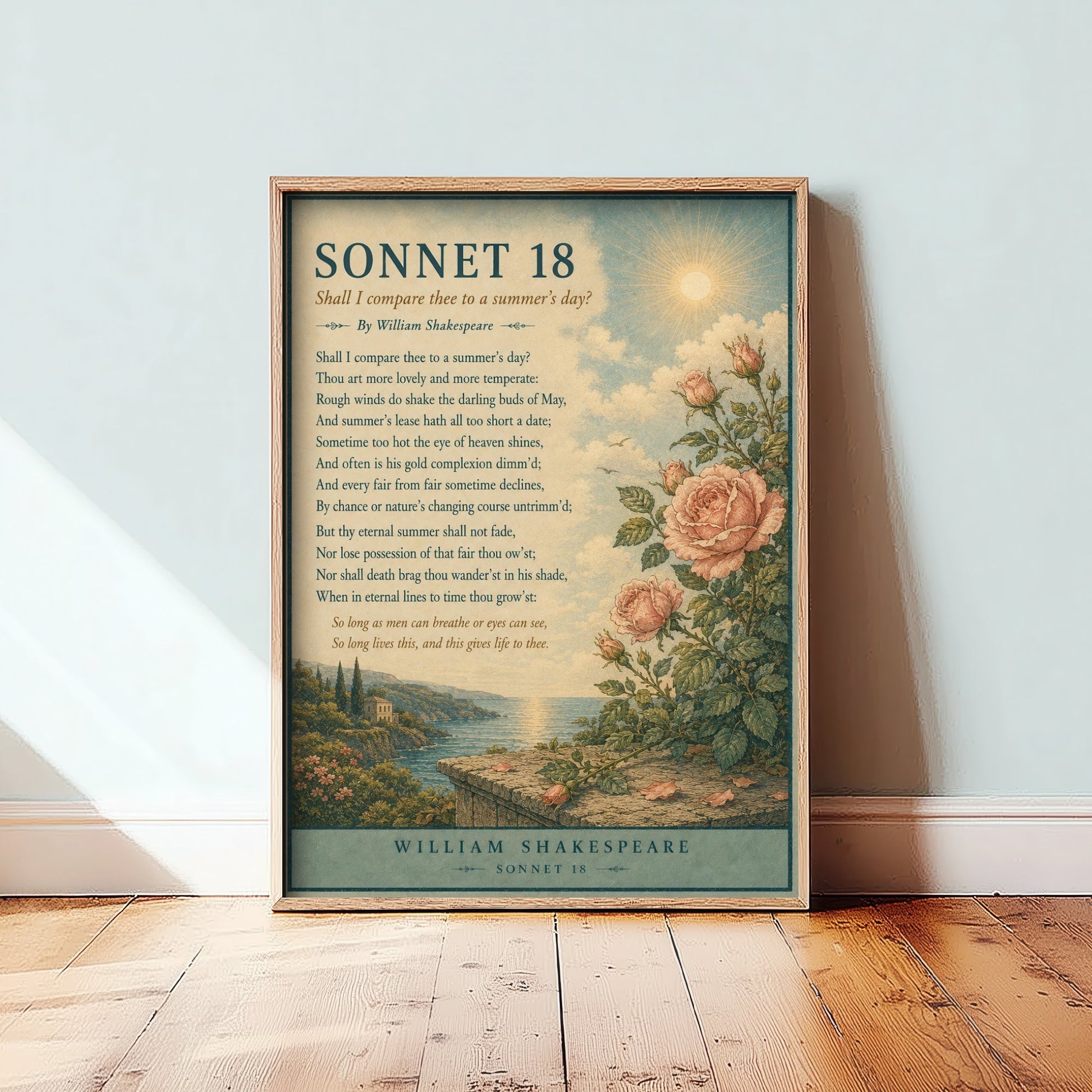 Shakespeare Sonnet 18 Art Print - Shall I Compare Thee - Poem Poster Illustration - Romantic Wedding Wall Art 1/3