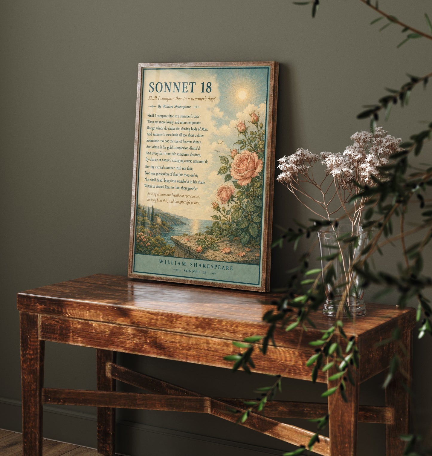 Shakespeare Sonnet 18 Art Print - Shall I Compare Thee - Poem Poster Illustration - Romantic Wedding Wall Art 1/3