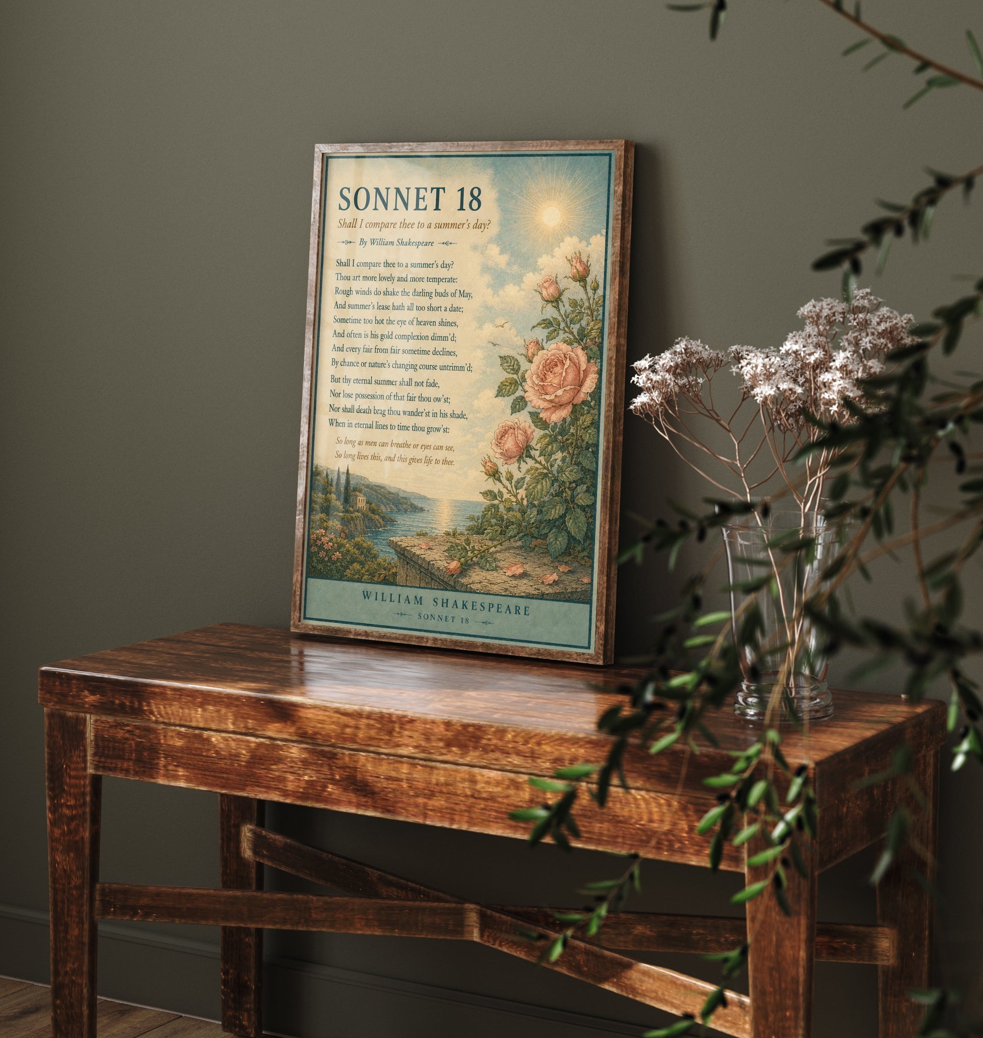 Shakespeare Sonnet 18 Art Print - Shall I Compare Thee - Poem Poster Illustration - Romantic Wedding Wall Art 1/3