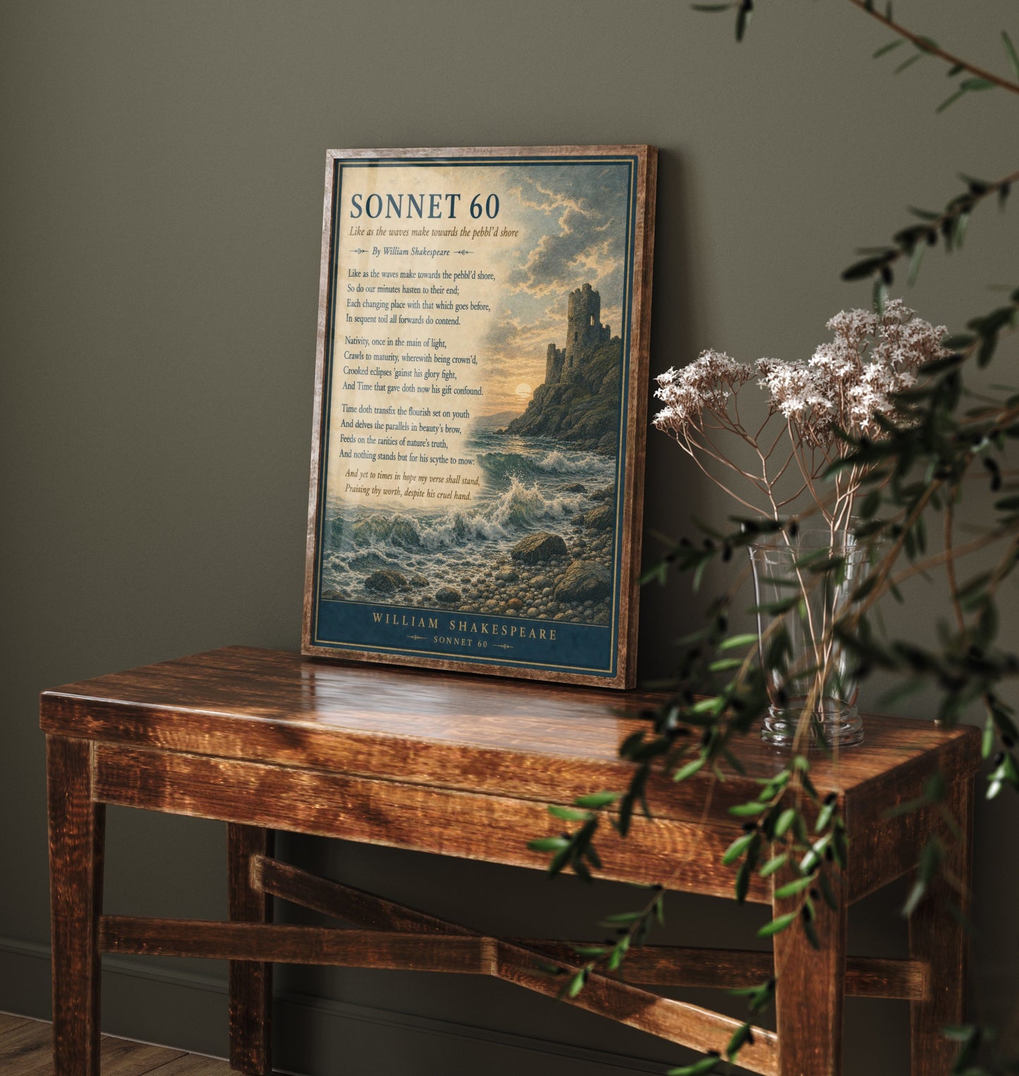 Shakespeare Sonnet 60 Art Print - Like as the Waves - Poem Poster Illustration - Coastal Literary Wall Art 2/3