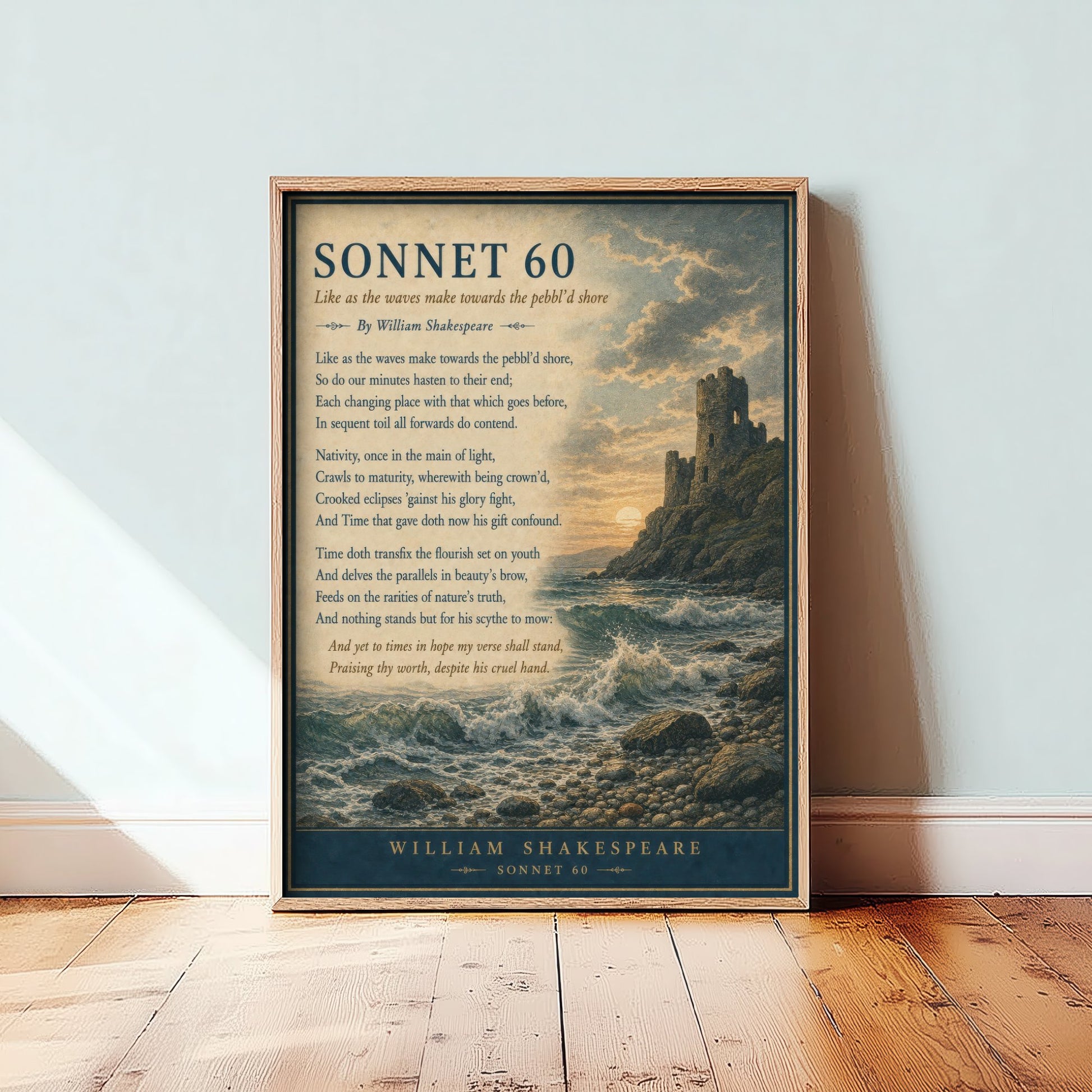 Shakespeare Sonnet 60 Art Print - Like as the Waves - Poem Poster Illustration - Coastal Literary Wall Art 2/3