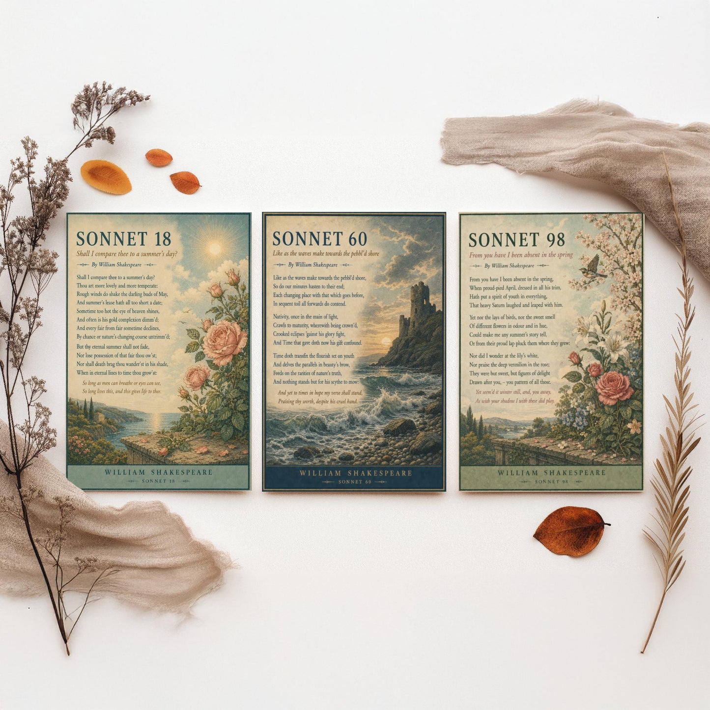 Shakespeare Sonnets Set of Three Art Prints - Sonnet 18, 60 & 98 - Literary Poster Wall Art Gift Illustration Love Poem Decor