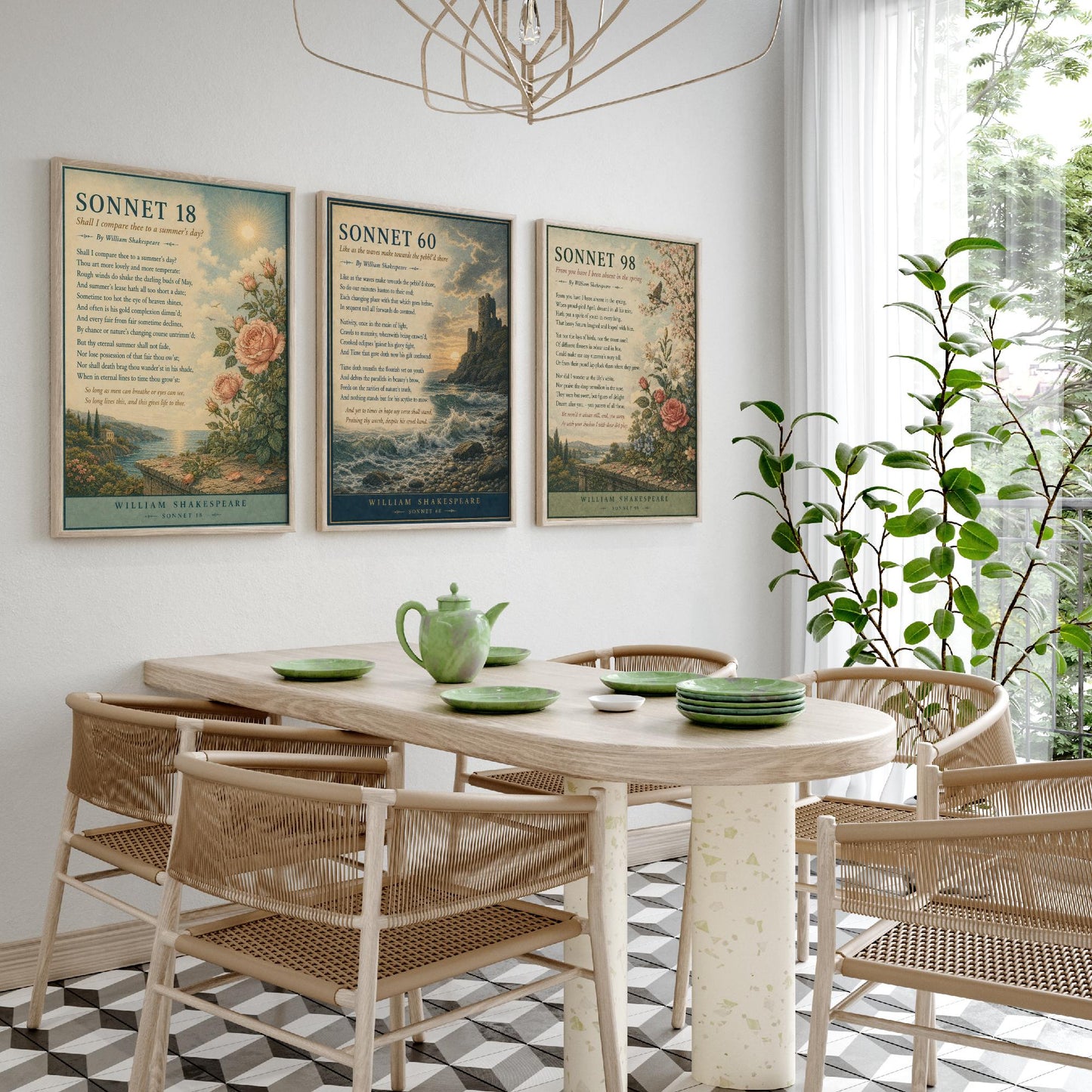 Shakespeare Sonnets Set of Three Art Prints - Sonnet 18, 60 & 98 - Literary Poster Wall Art Gift Illustration Love Poem Decor
