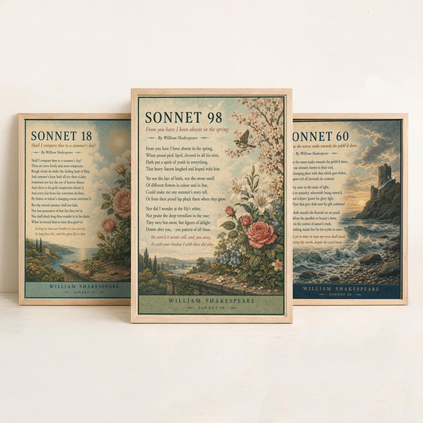 Shakespeare Sonnets Set of Three Art Prints - Sonnet 18, 60 & 98 - Literary Poster Wall Art Gift Illustration Love Poem Decor