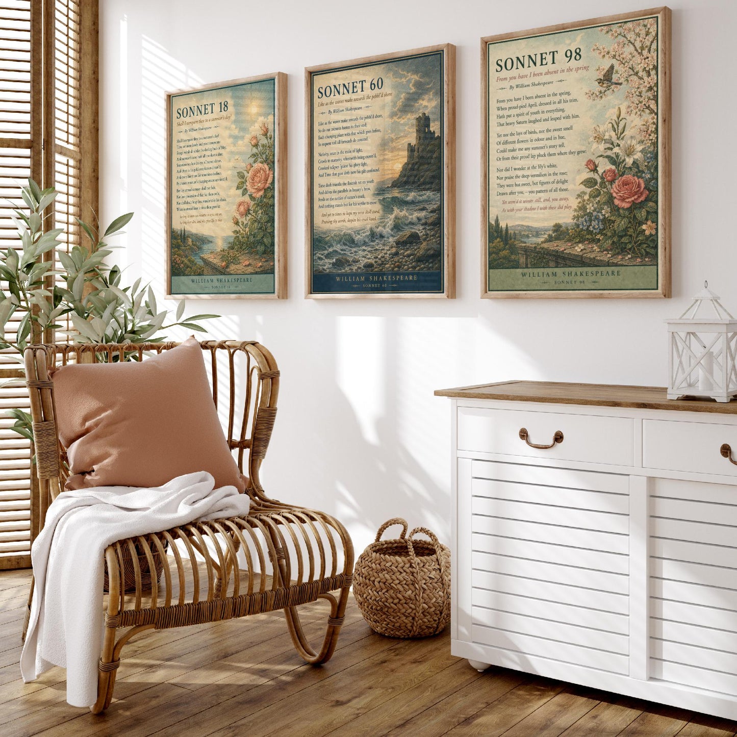 Shakespeare Sonnets Set of Three Art Prints - Sonnet 18, 60 & 98 - Literary Poster Wall Art Gift Illustration Love Poem Decor