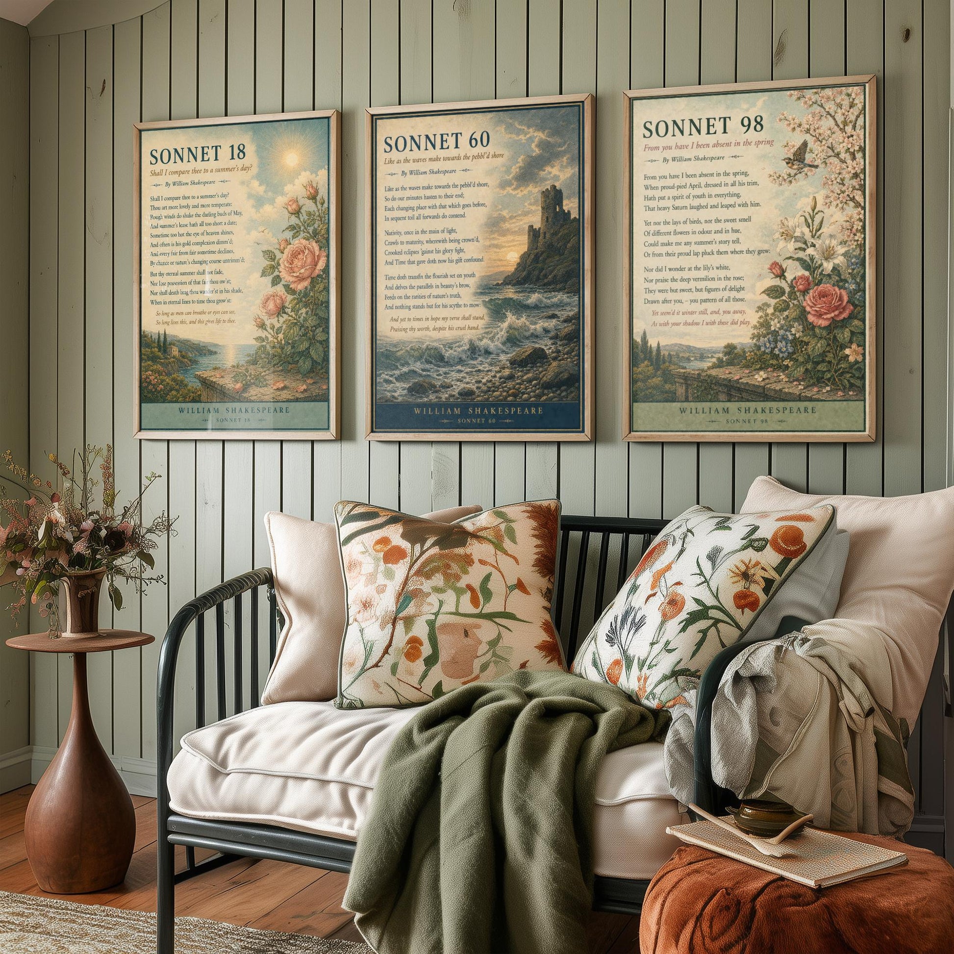 Shakespeare Sonnets Set of Three Art Prints - Sonnet 18, 60 & 98 - Literary Poster Wall Art Gift Illustration Love Poem Decor