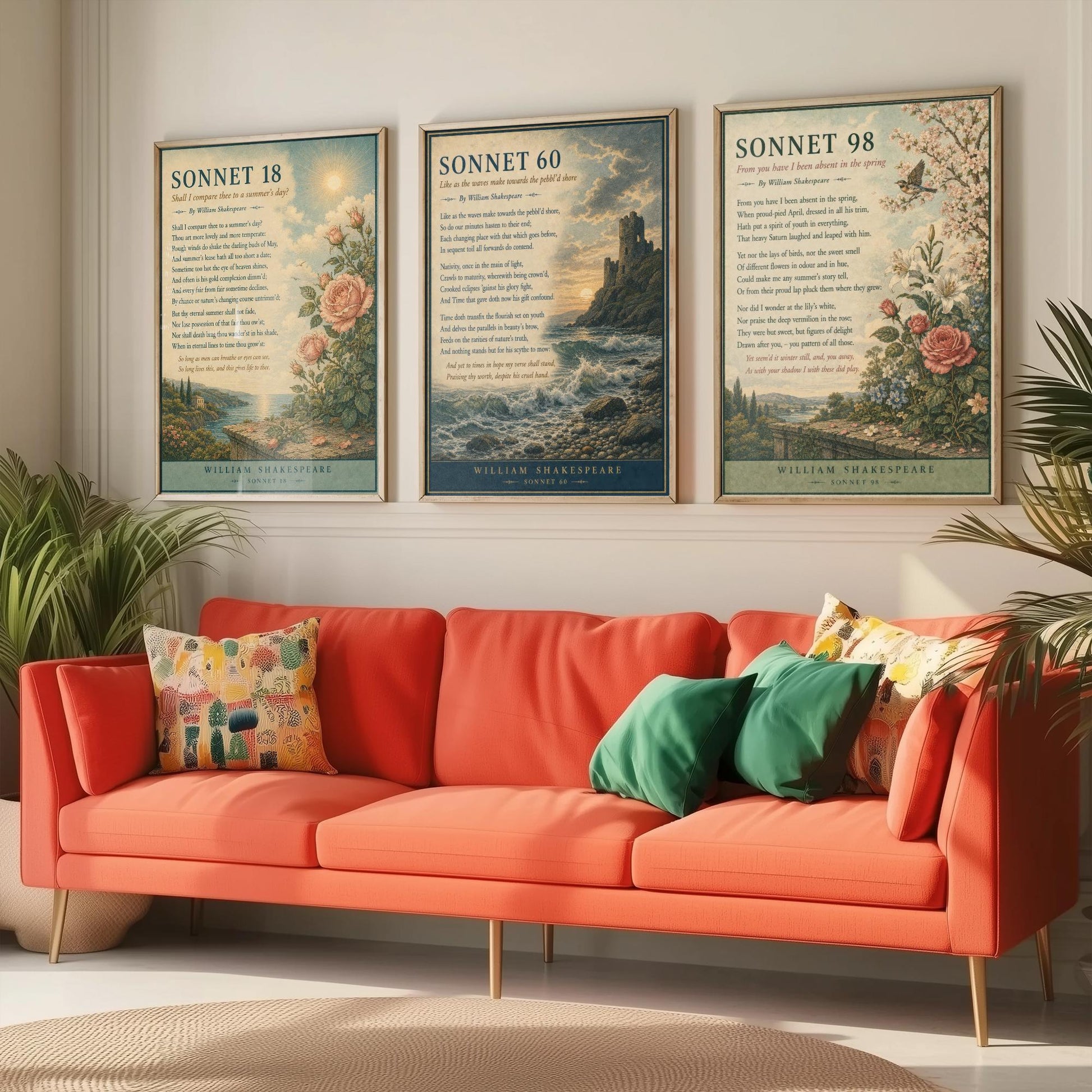Shakespeare Sonnets Set of Three Art Prints - Sonnet 18, 60 & 98 - Literary Poster Wall Art Gift Illustration Love Poem Decor