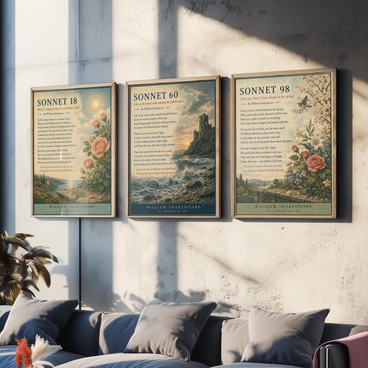 Shakespeare Sonnets Set of Three Art Prints - Sonnet 18, 60 & 98 - Literary Poster Wall Art Gift Illustration Love Poem Decor