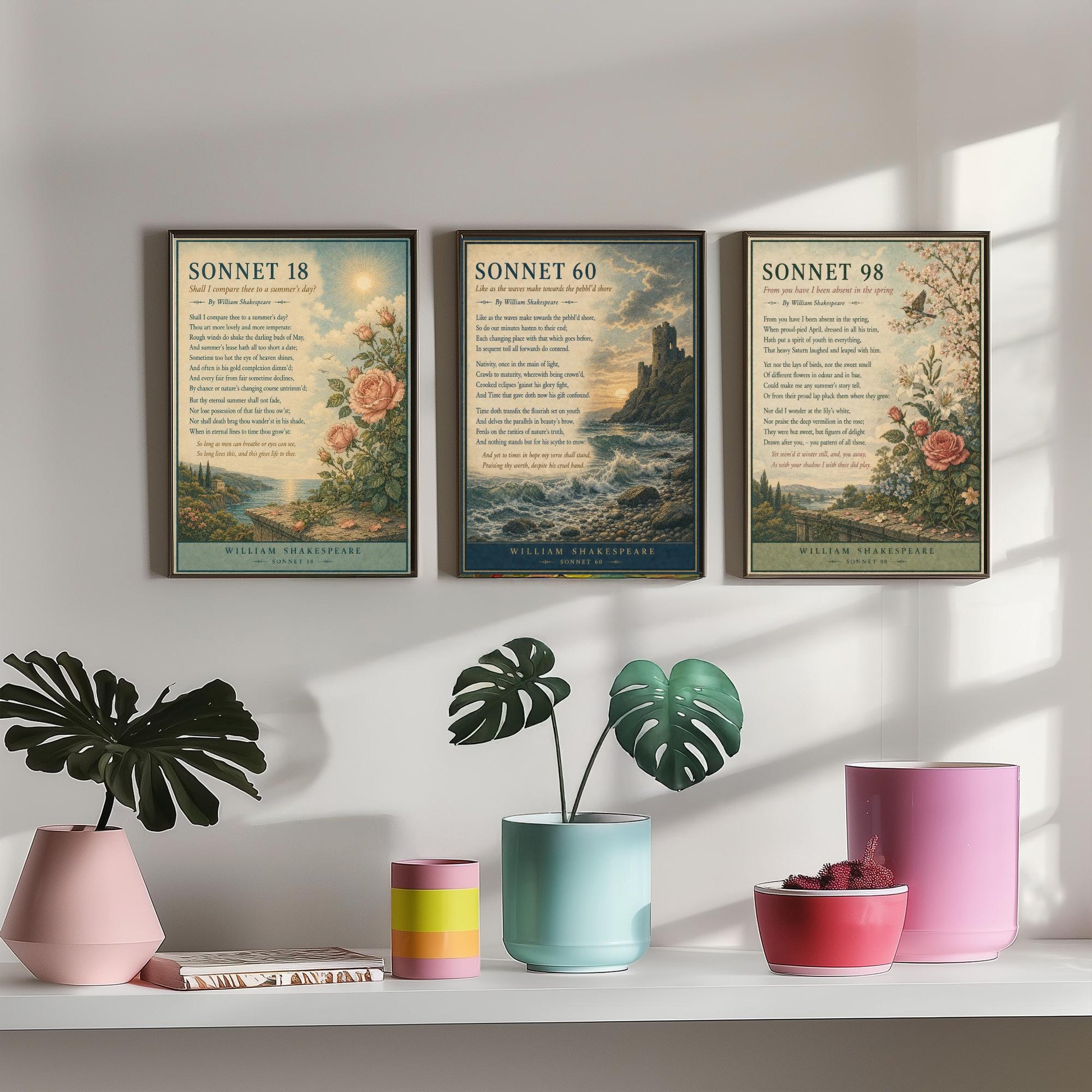 Shakespeare Sonnets Set of Three Art Prints - Sonnet 18, 60 & 98 - Literary Poster Wall Art Gift Illustration Love Poem Decor