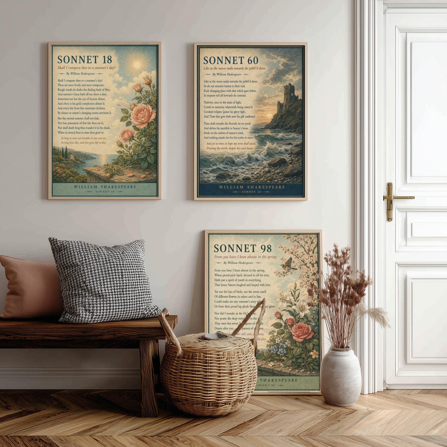 Shakespeare Sonnets Set of Three Art Prints - Sonnet 18, 60 & 98 - Literary Poster Wall Art Gift Illustration Love Poem Decor