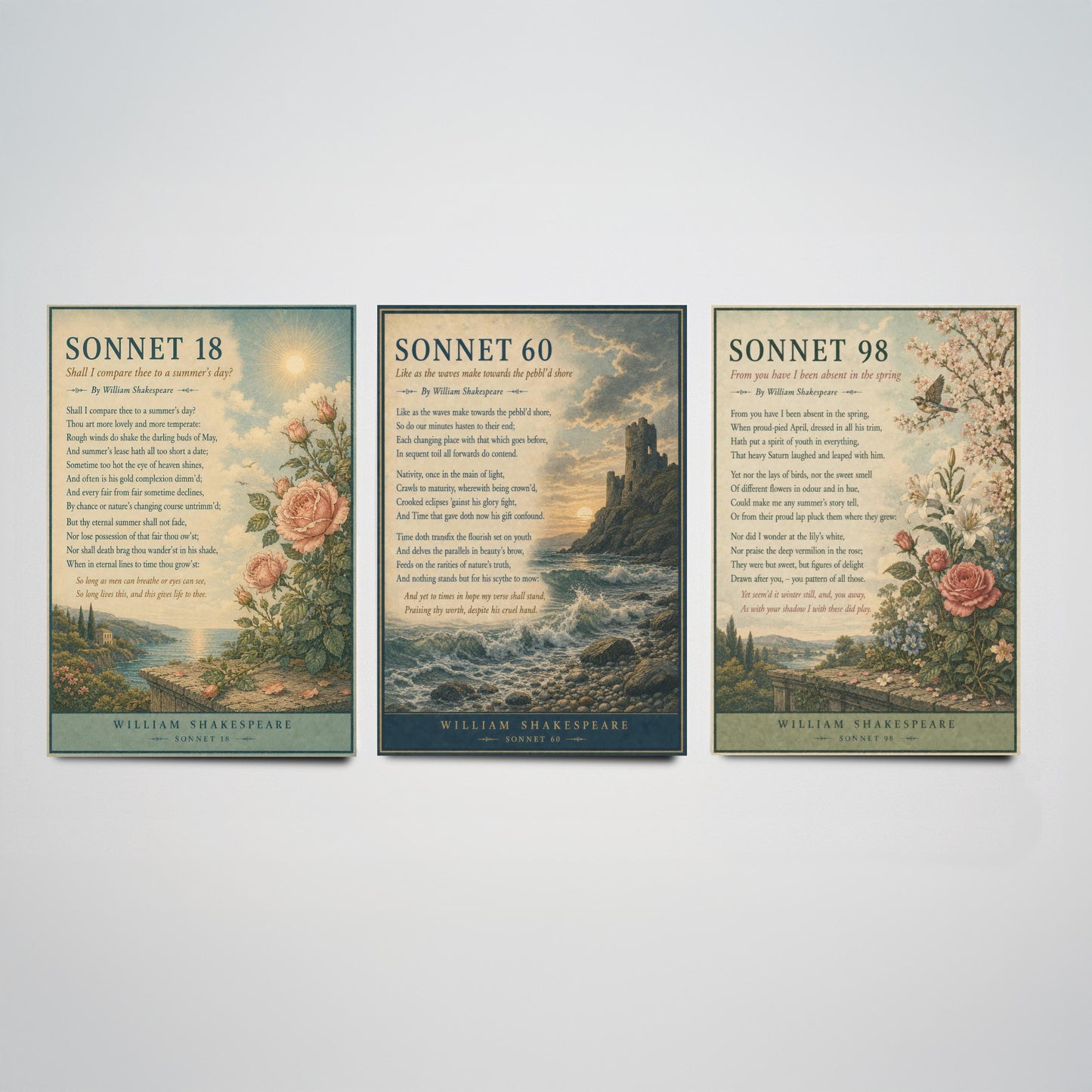 Shakespeare Sonnets Set of Three Art Prints - Sonnet 18, 60 & 98 - Literary Poster Wall Art Gift Illustration Love Poem Decor