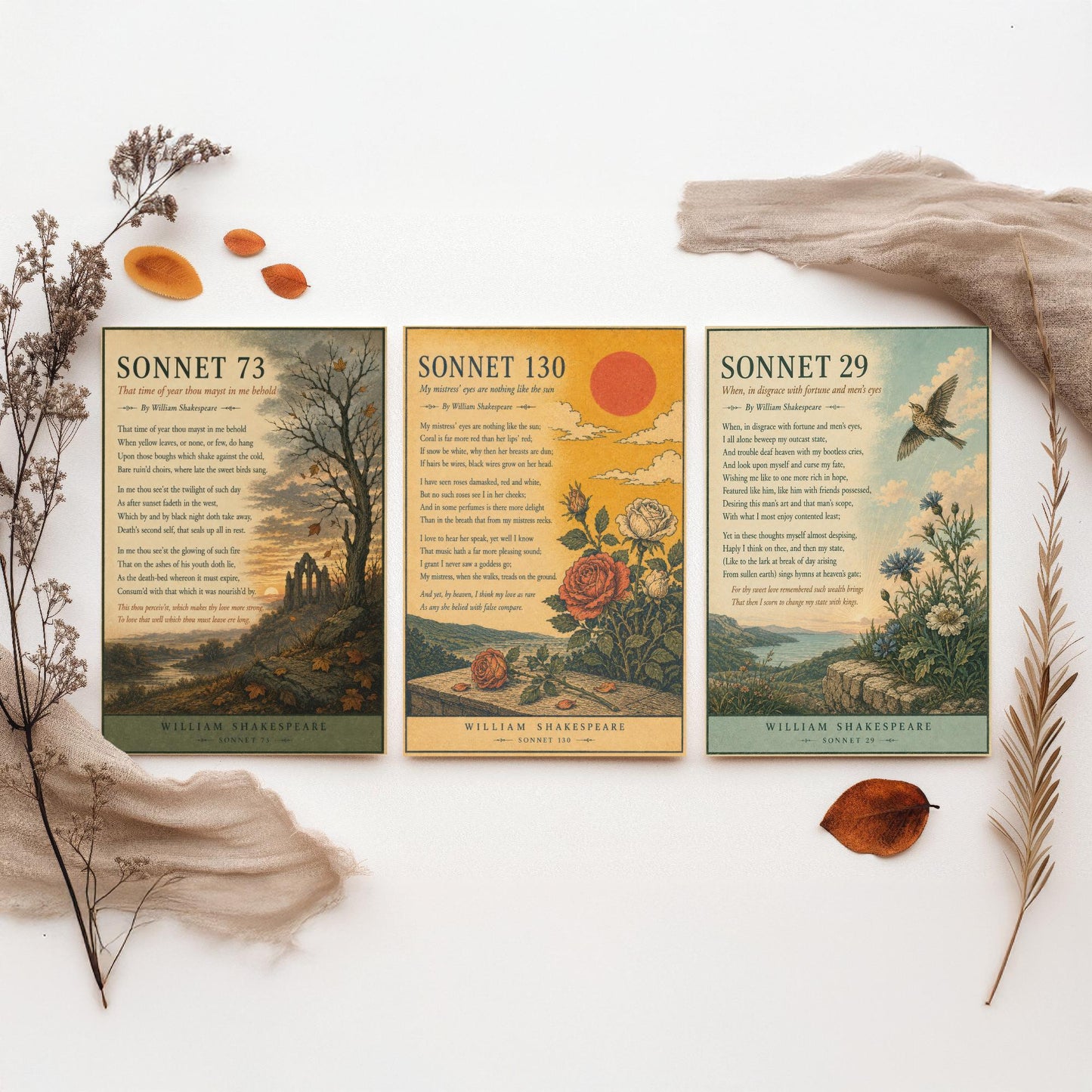Set of Three Shakespeare Sonnet Art Prints - Sonnet 73, 130 & 29 - Antique Poem Poster Wall Art Gift Illustration Literary Decor