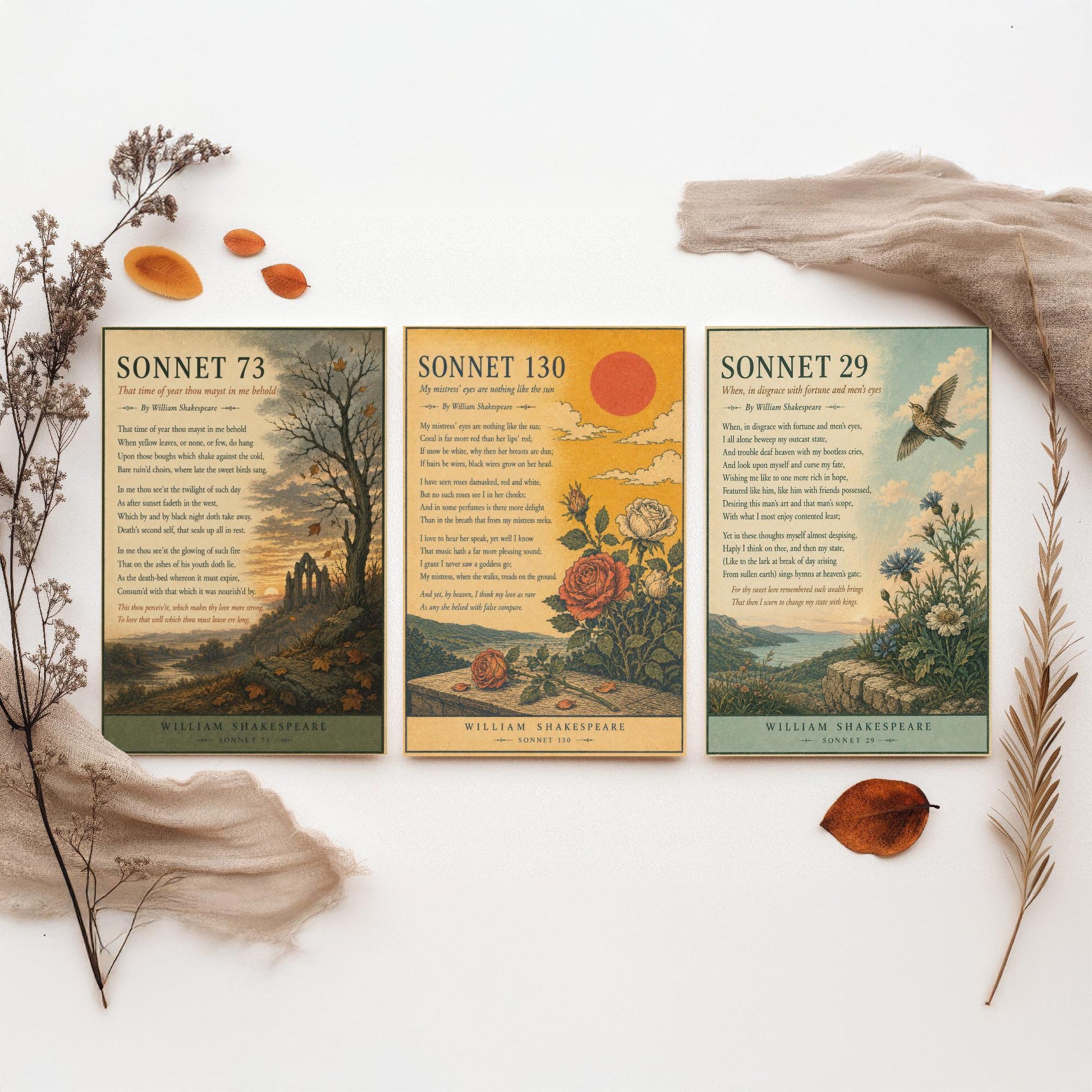 Set of Three Shakespeare Sonnet Art Prints - Sonnet 73, 130 & 29 - Antique Poem Poster Wall Art Gift Illustration Literary Decor