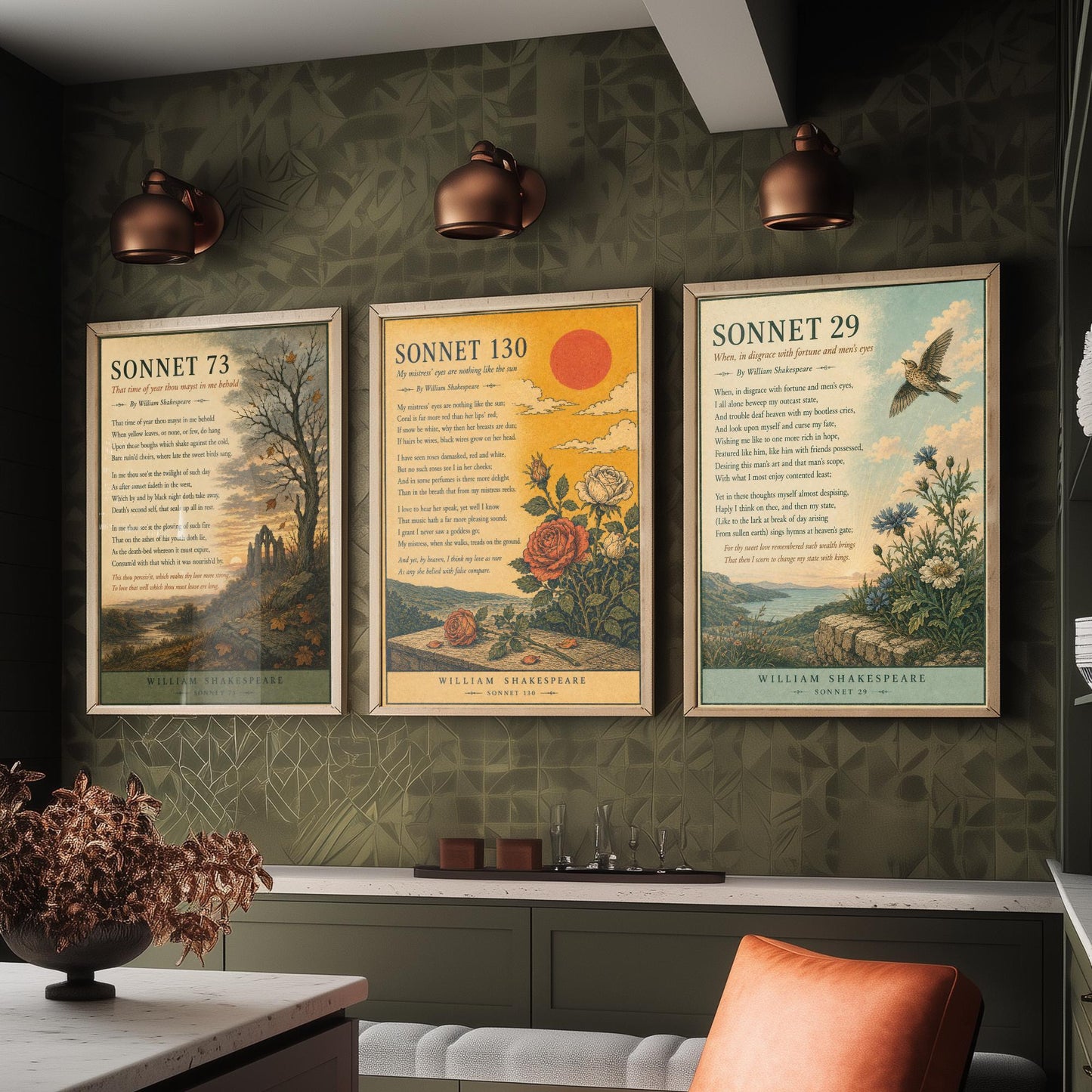 Set of Three Shakespeare Sonnet Art Prints - Sonnet 73, 130 & 29 - Antique Poem Poster Wall Art Gift Illustration Literary Decor