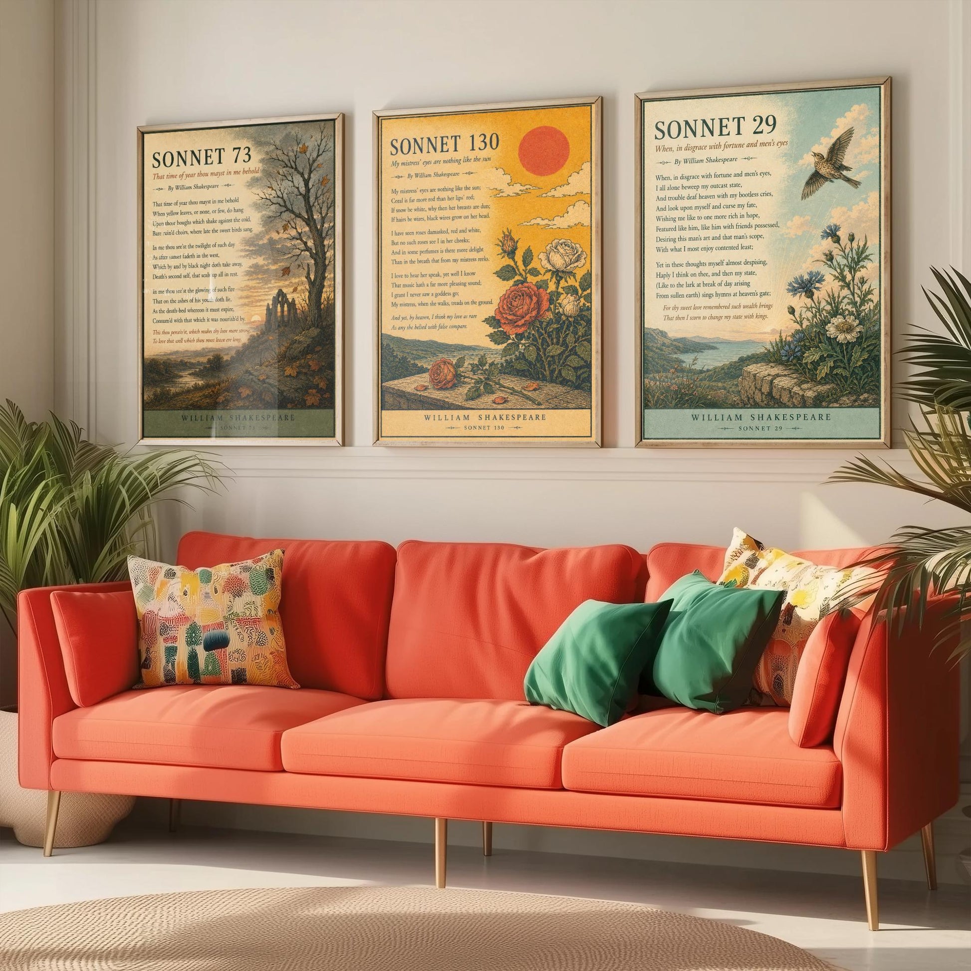 Set of Three Shakespeare Sonnet Art Prints - Sonnet 73, 130 & 29 - Antique Poem Poster Wall Art Gift Illustration Literary Decor