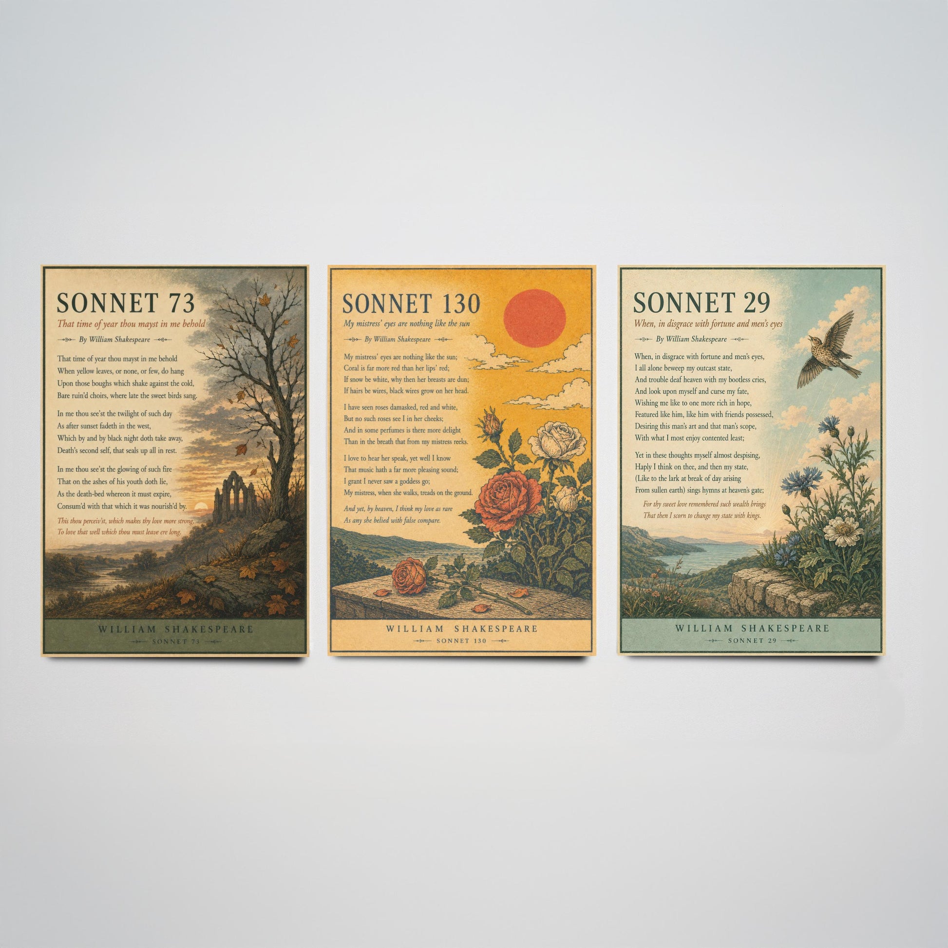Set of Three Shakespeare Sonnet Art Prints - Sonnet 73, 130 & 29 - Antique Poem Poster Wall Art Gift Illustration Literary Decor