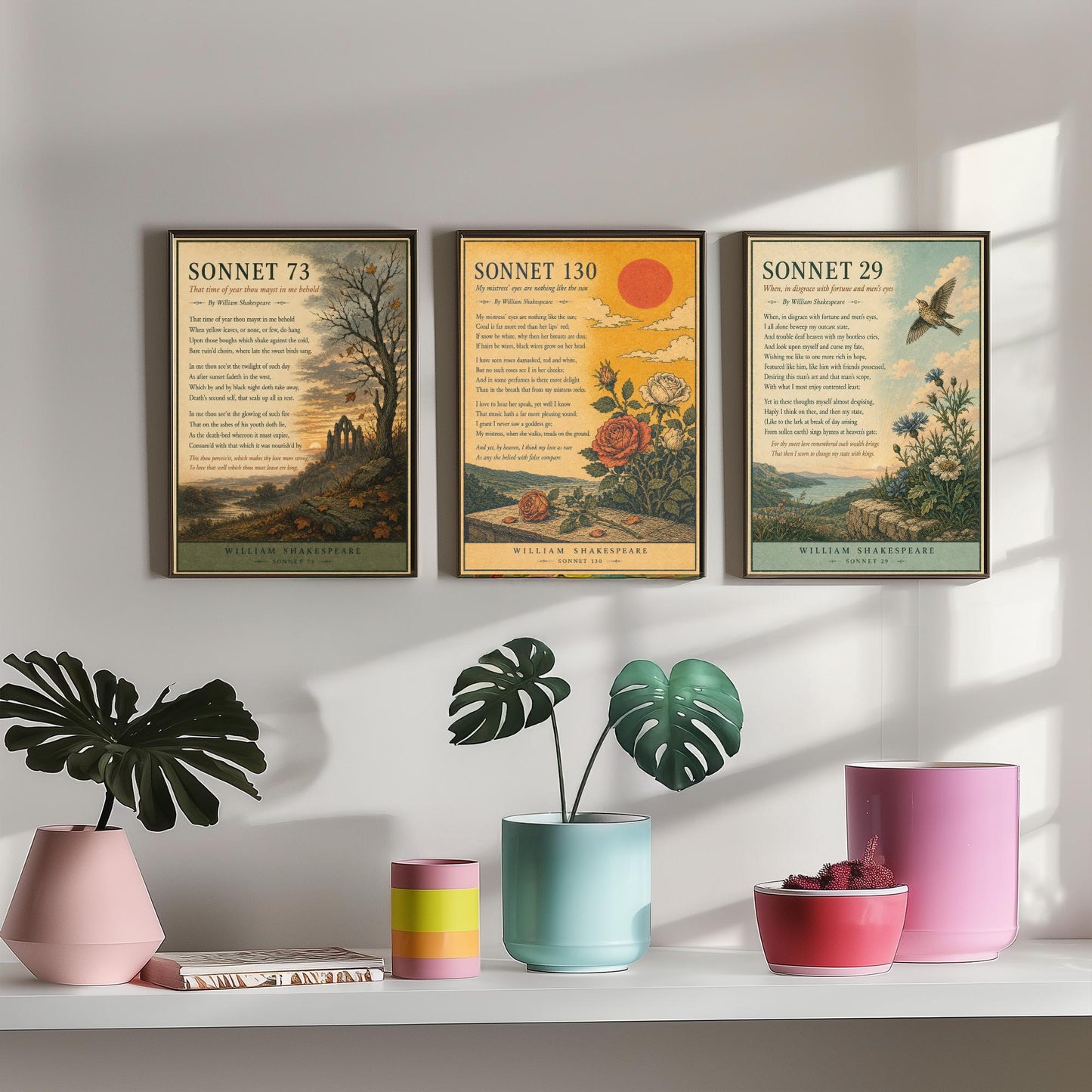 Set of Three Shakespeare Sonnet Art Prints - Sonnet 73, 130 & 29 - Antique Poem Poster Wall Art Gift Illustration Literary Decor