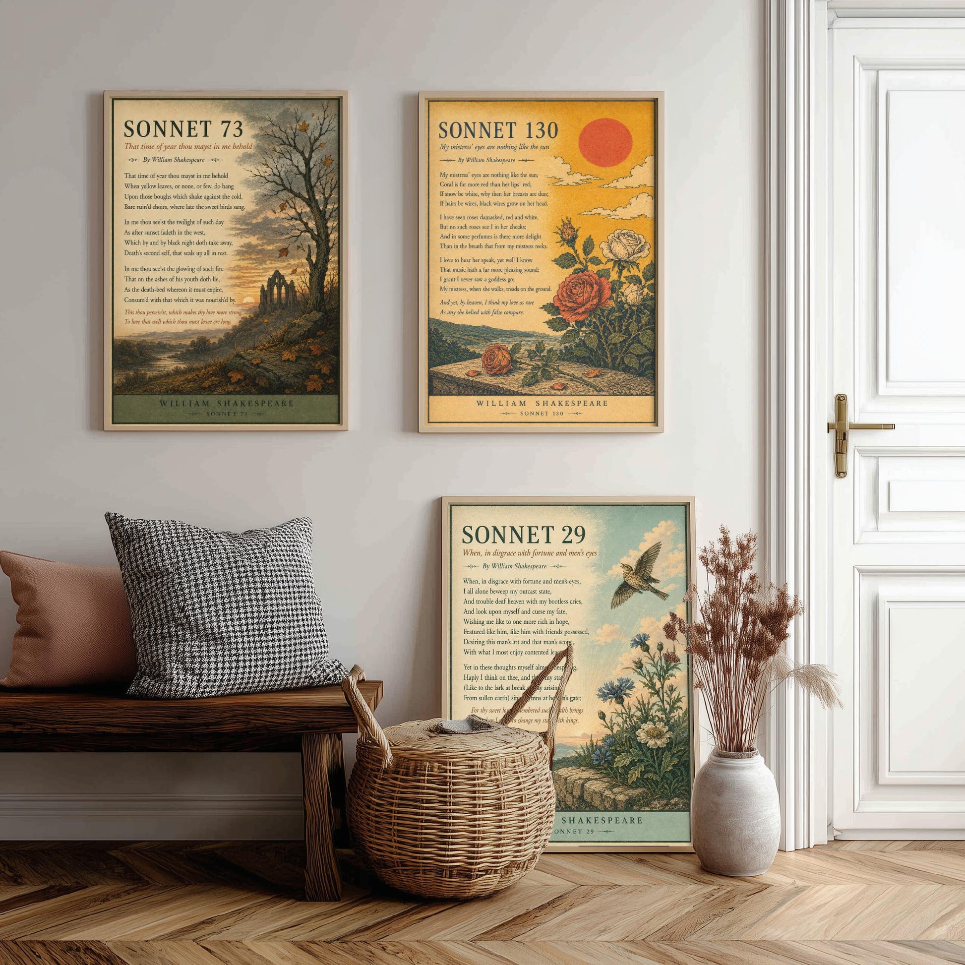 Set of Three Shakespeare Sonnet Art Prints - Sonnet 73, 130 & 29 - Antique Poem Poster Wall Art Gift Illustration Literary Decor