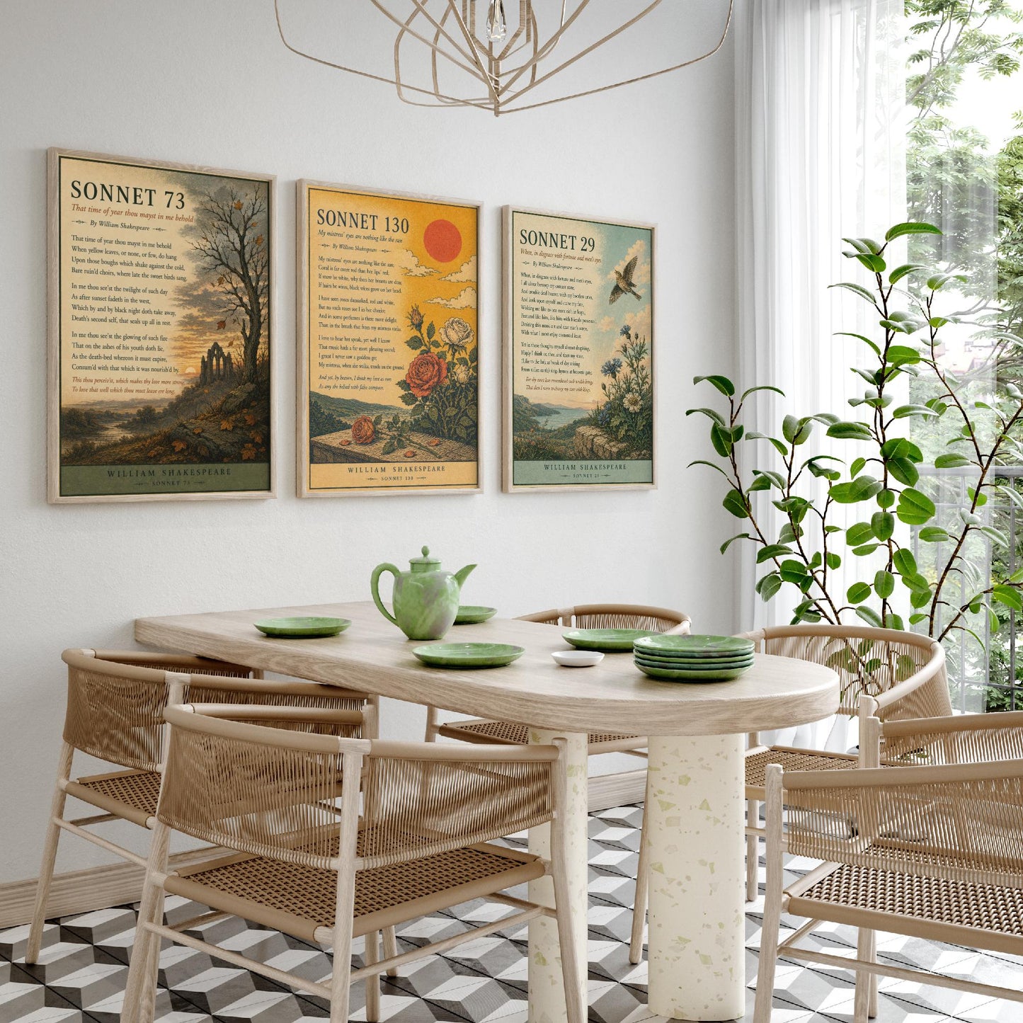 Set of Three Shakespeare Sonnet Art Prints - Sonnet 73, 130 & 29 - Antique Poem Poster Wall Art Gift Illustration Literary Decor