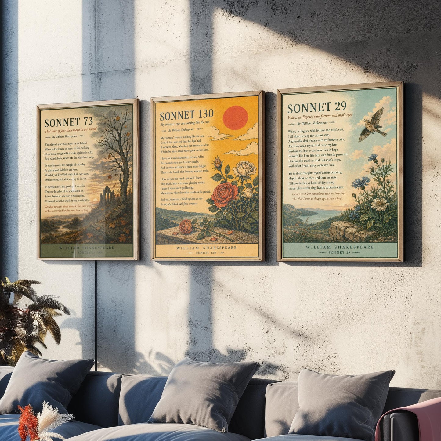 Set of Three Shakespeare Sonnet Art Prints - Sonnet 73, 130 & 29 - Antique Poem Poster Wall Art Gift Illustration Literary Decor