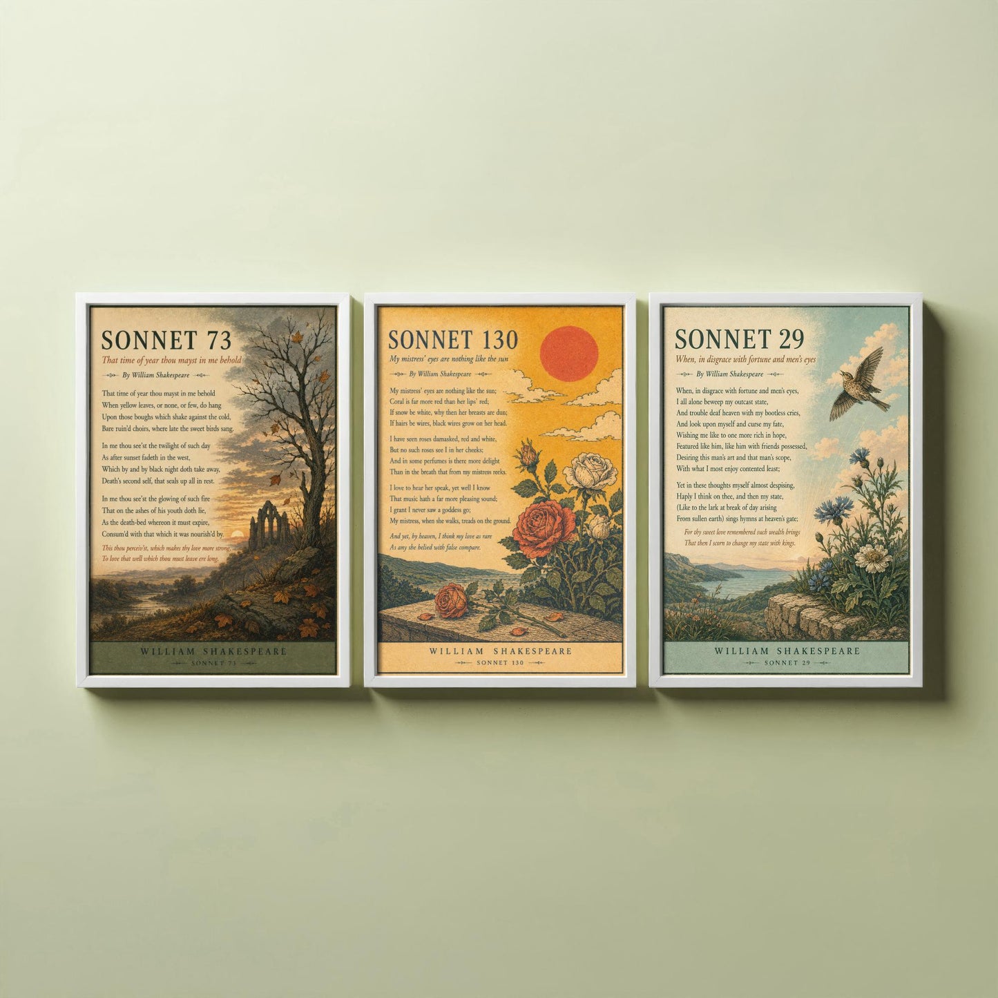 Set of Three Shakespeare Sonnet Art Prints - Sonnet 73, 130 & 29 - Antique Poem Poster Wall Art Gift Illustration Literary Decor