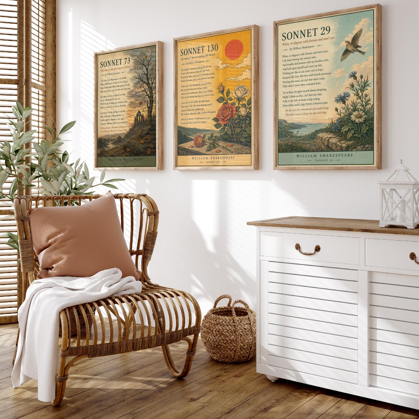 Set of Three Shakespeare Sonnet Art Prints - Sonnet 73, 130 & 29 - Antique Poem Poster Wall Art Gift Illustration Literary Decor