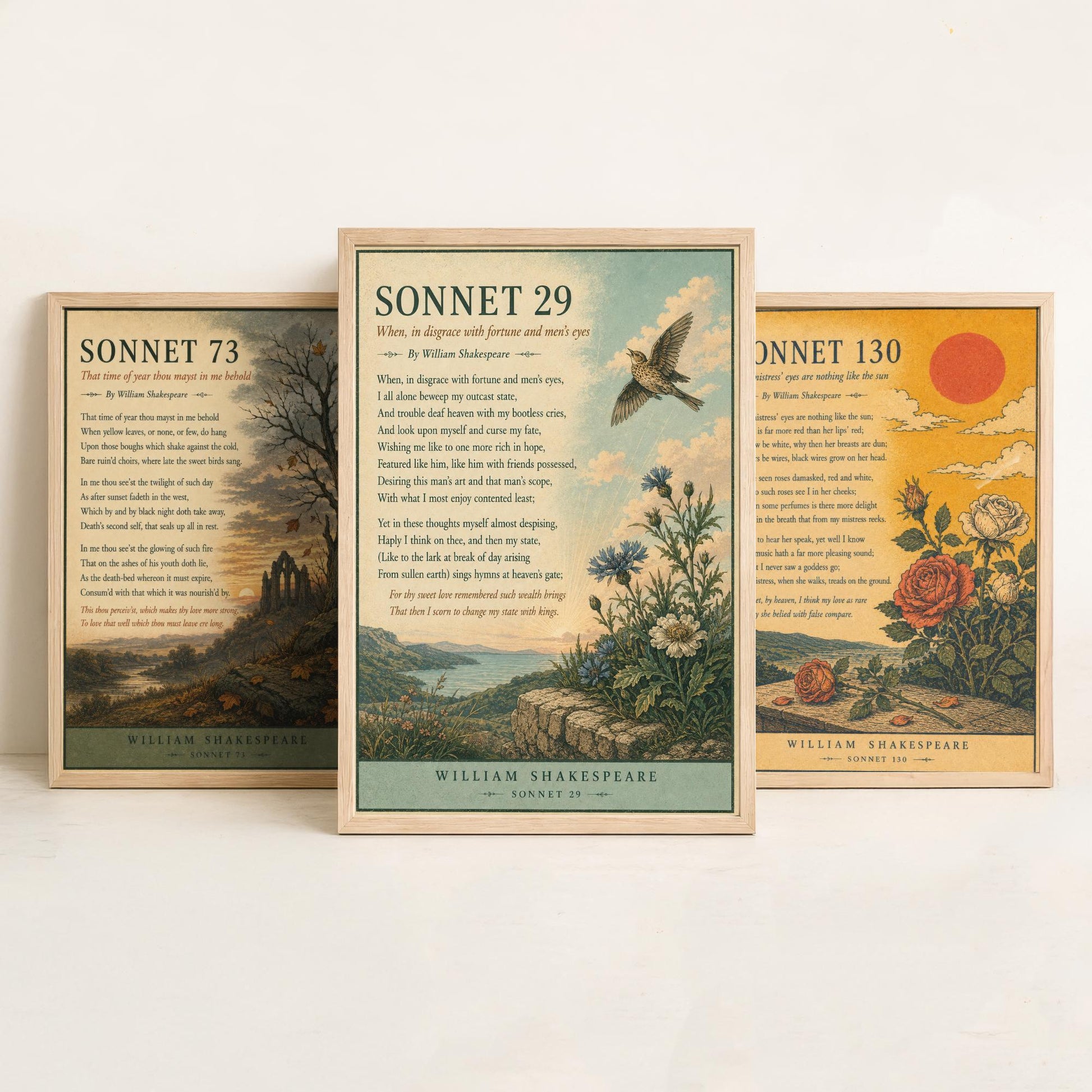 Set of Three Shakespeare Sonnet Art Prints - Sonnet 73, 130 & 29 - Antique Poem Poster Wall Art Gift Illustration Literary Decor