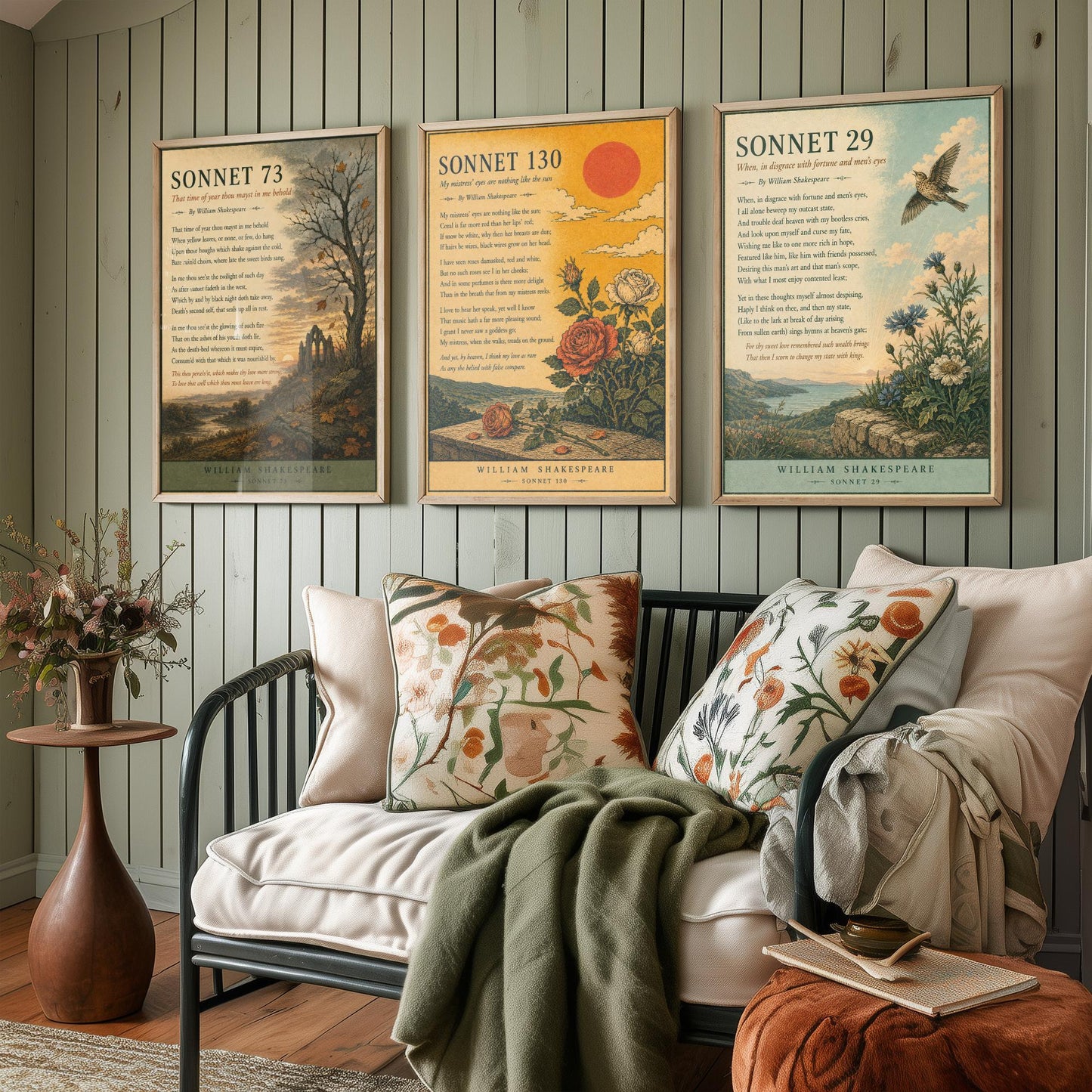 Set of Three Shakespeare Sonnet Art Prints - Sonnet 73, 130 & 29 - Antique Poem Poster Wall Art Gift Illustration Literary Decor