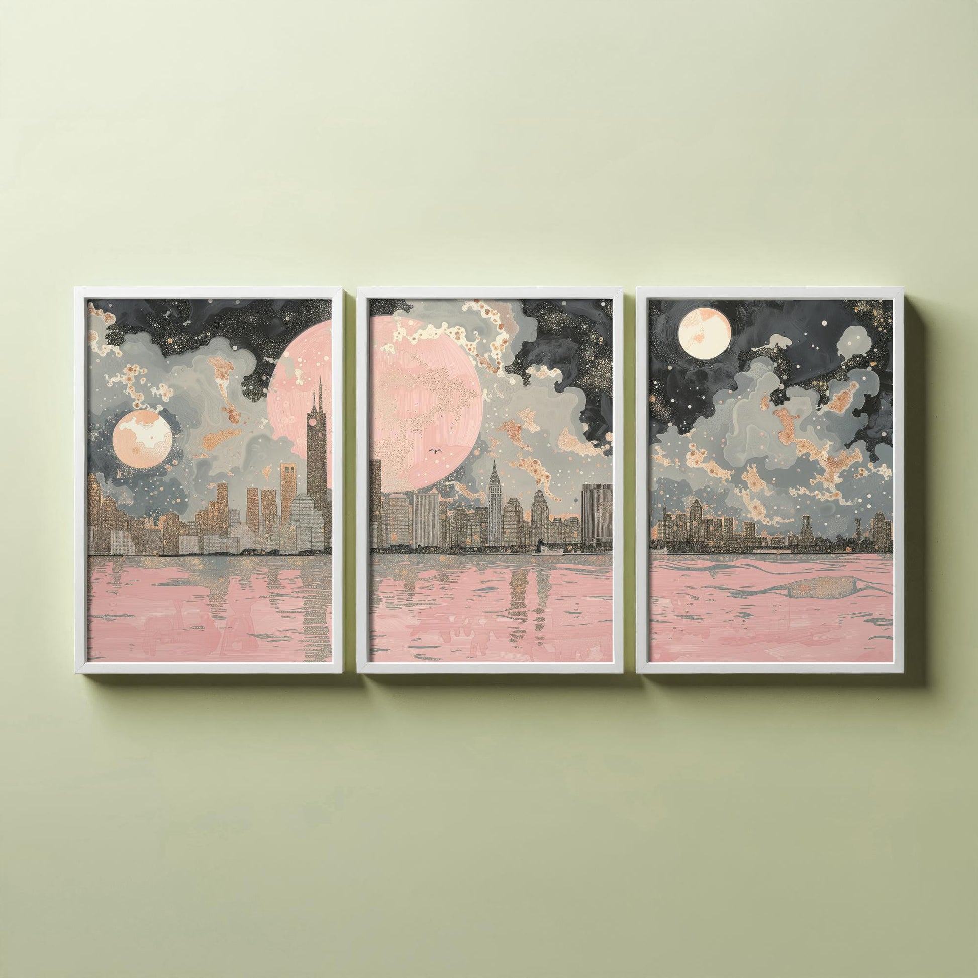 New York Skyline Set of Three Art Prints - 3 Abstract Cityscape Posters - Pink Moon Modern Illustration Wall Decor Gift