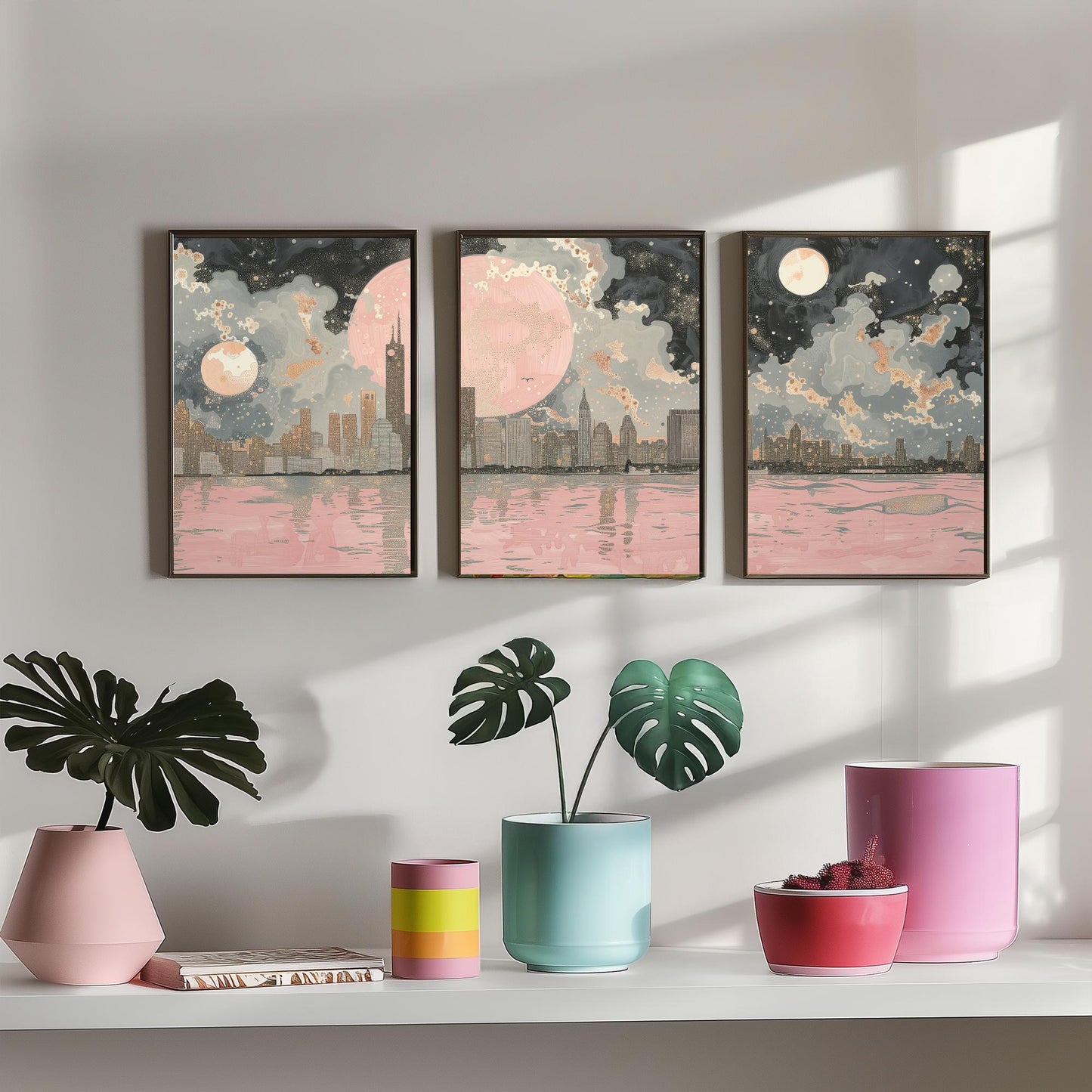 New York Skyline Set of Three Art Prints - 3 Abstract Cityscape Posters - Pink Moon Modern Illustration Wall Decor Gift
