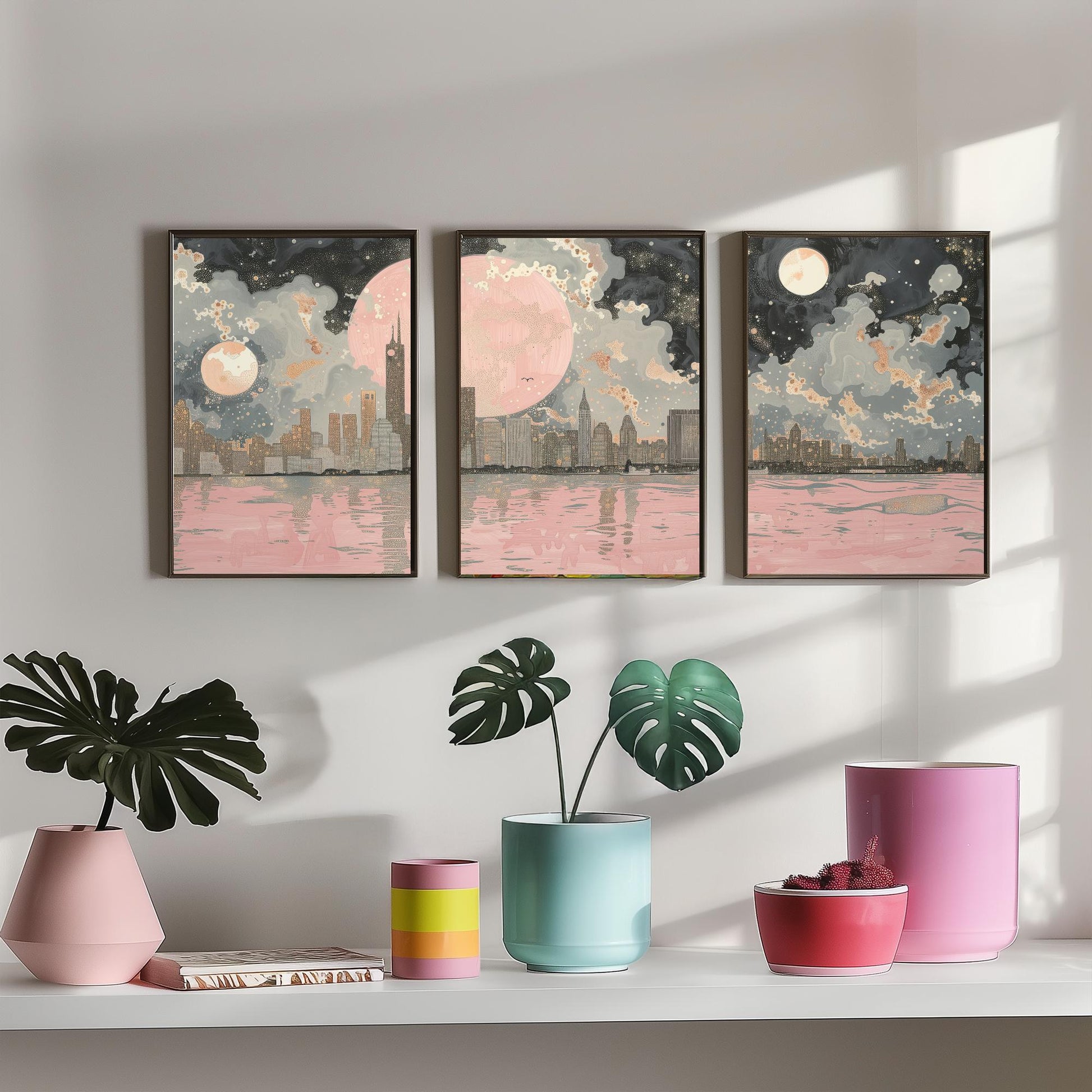 New York Skyline Set of Three Art Prints - 3 Abstract Cityscape Posters - Pink Moon Modern Illustration Wall Decor Gift