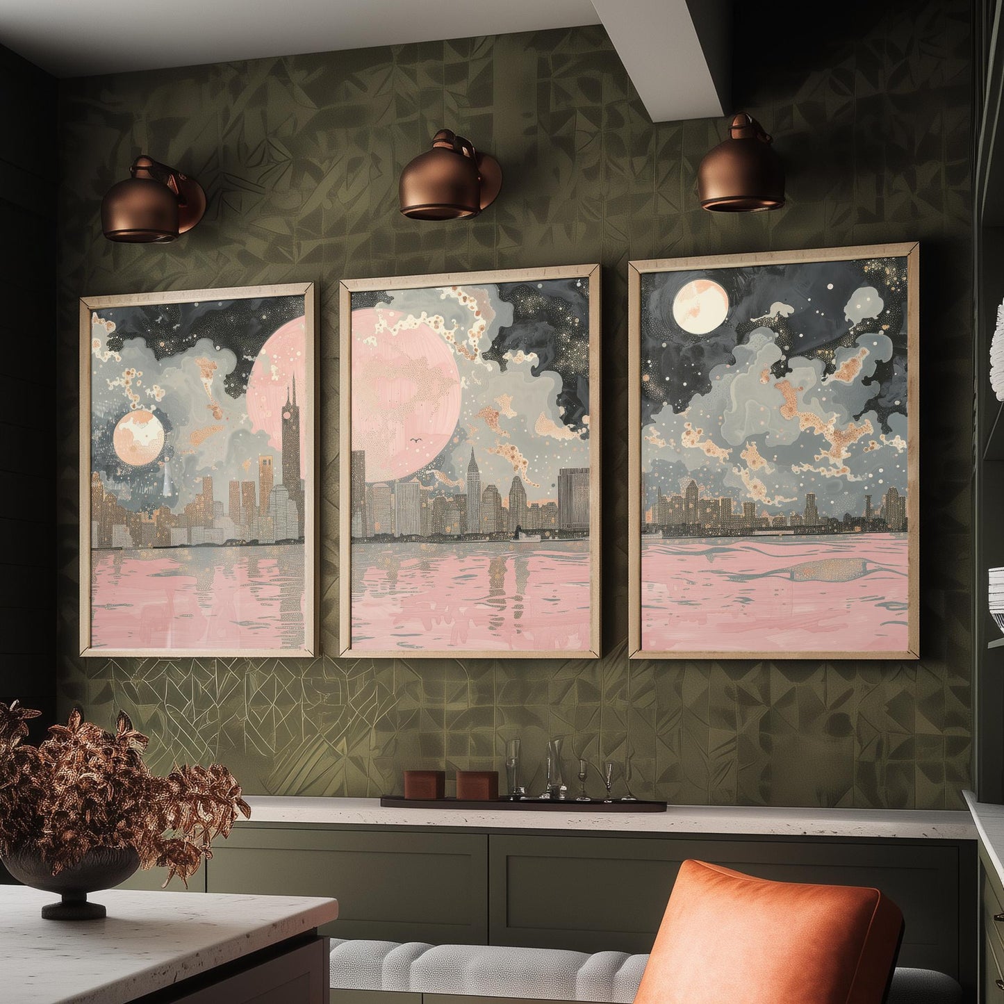 New York Skyline Set of Three Art Prints - 3 Abstract Cityscape Posters - Pink Moon Modern Illustration Wall Decor Gift