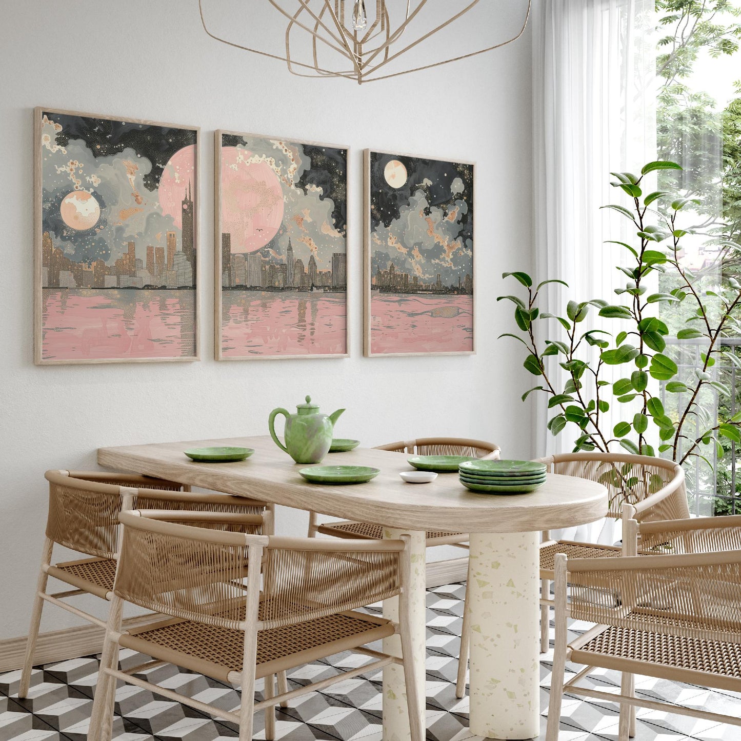 New York Skyline Set of Three Art Prints - 3 Abstract Cityscape Posters - Pink Moon Modern Illustration Wall Decor Gift
