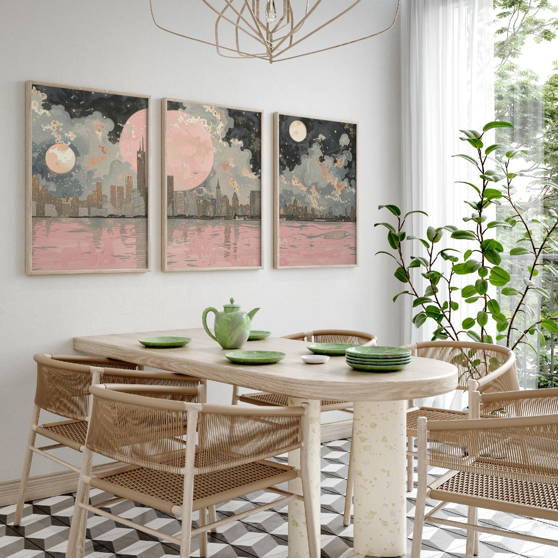 New York Skyline Set of Three Art Prints - 3 Abstract Cityscape Posters - Pink Moon Modern Illustration Wall Decor Gift