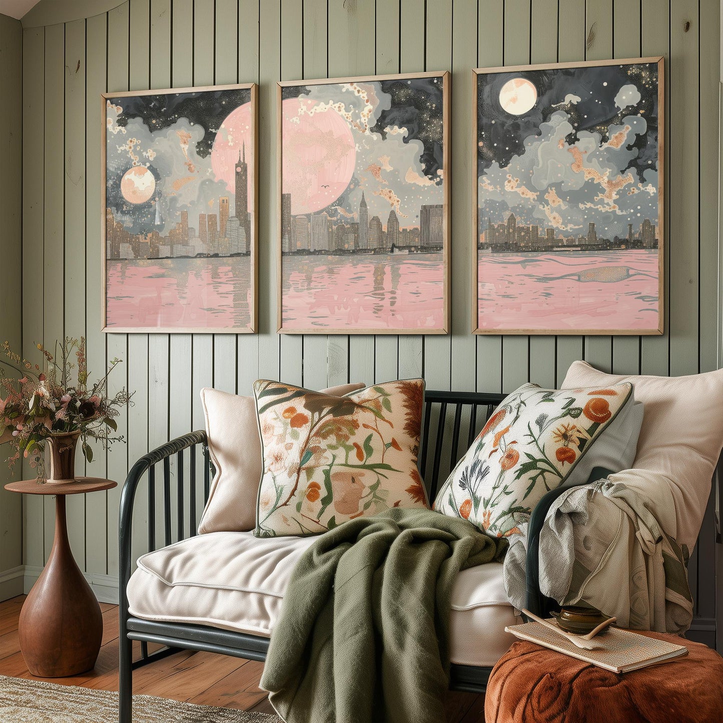 New York Skyline Set of Three Art Prints - 3 Abstract Cityscape Posters - Pink Moon Modern Illustration Wall Decor Gift