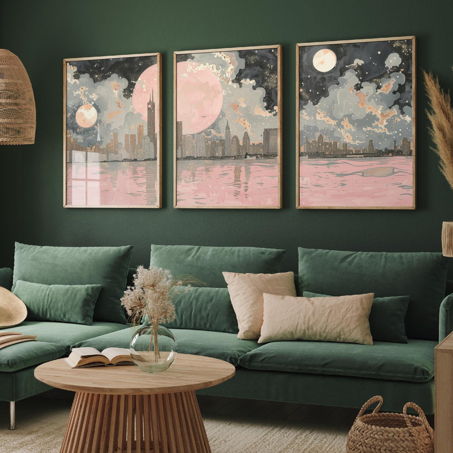 New York Skyline Set of Three Art Prints - 3 Abstract Cityscape Posters - Pink Moon Modern Illustration Wall Decor Gift