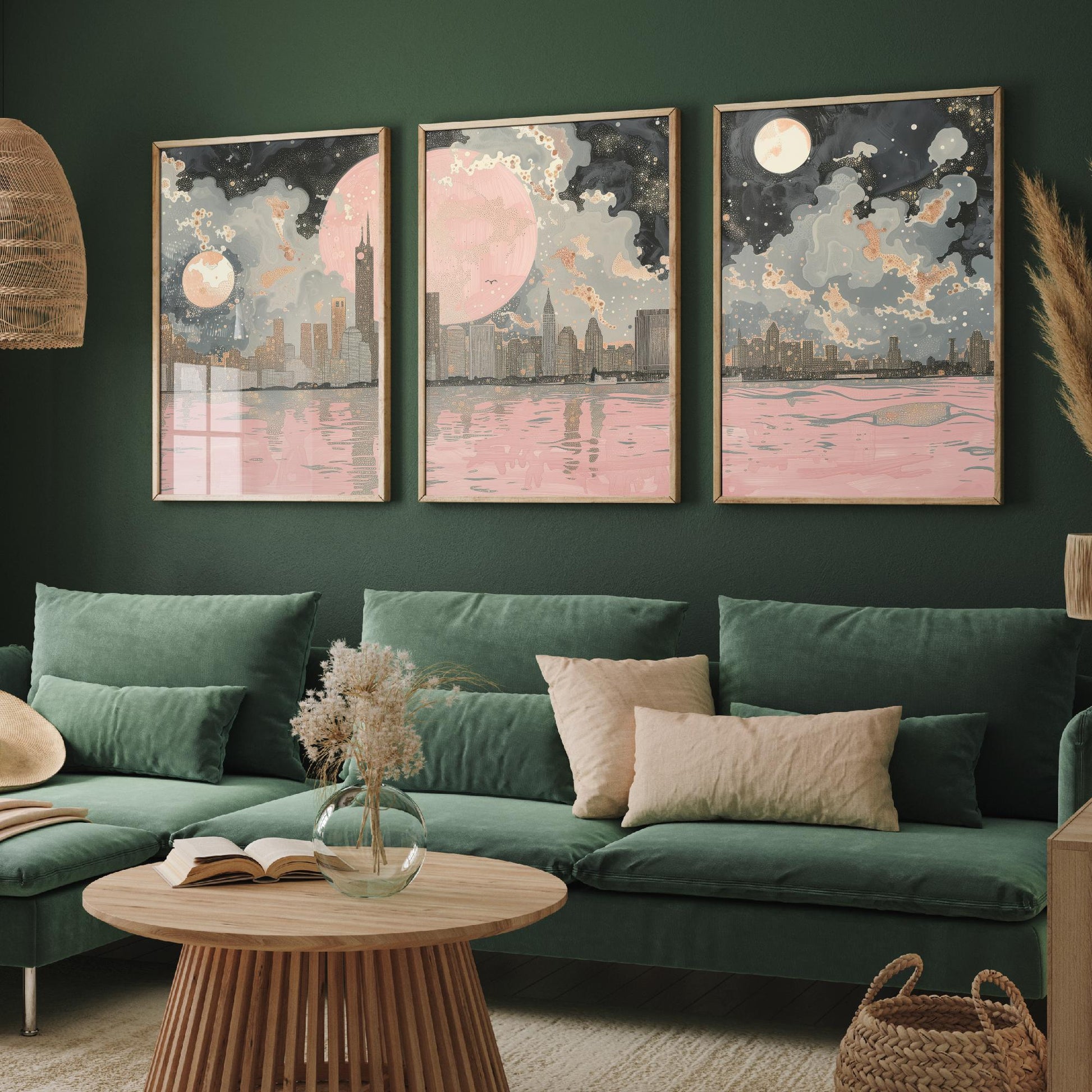New York Skyline Set of Three Art Prints - 3 Abstract Cityscape Posters - Pink Moon Modern Illustration Wall Decor Gift