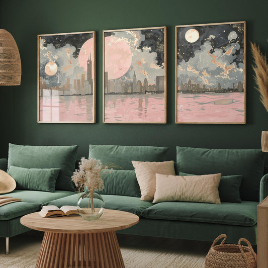New York Skyline Set of Three Art Prints - 3 Abstract Cityscape Posters - Pink Moon Modern Illustration Wall Decor Gift