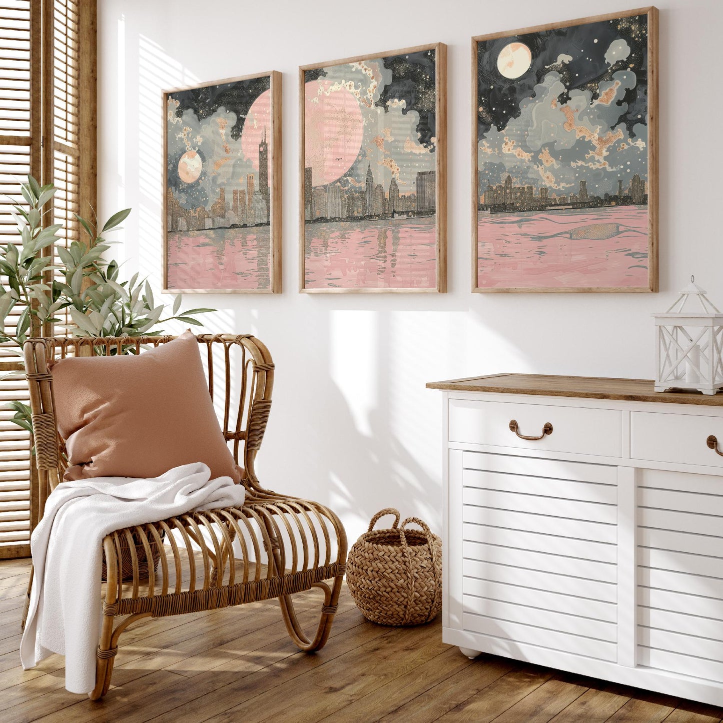 New York Skyline Set of Three Art Prints - 3 Abstract Cityscape Posters - Pink Moon Modern Illustration Wall Decor Gift