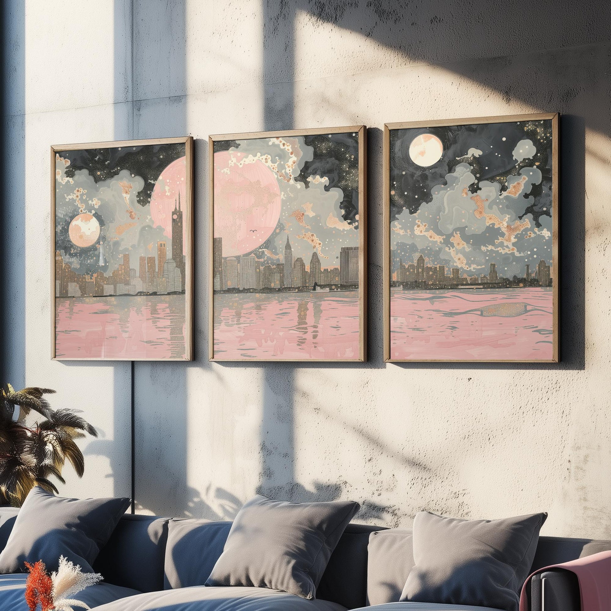 New York Skyline Set of Three Art Prints - 3 Abstract Cityscape Posters - Pink Moon Modern Illustration Wall Decor Gift