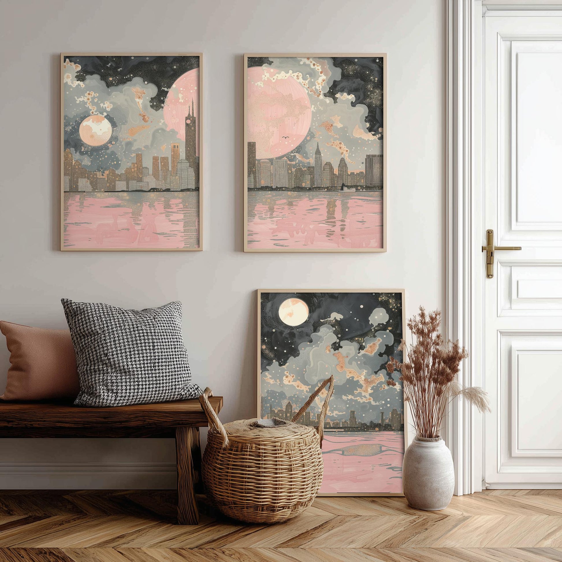 New York Skyline Set of Three Art Prints - 3 Abstract Cityscape Posters - Pink Moon Modern Illustration Wall Decor Gift