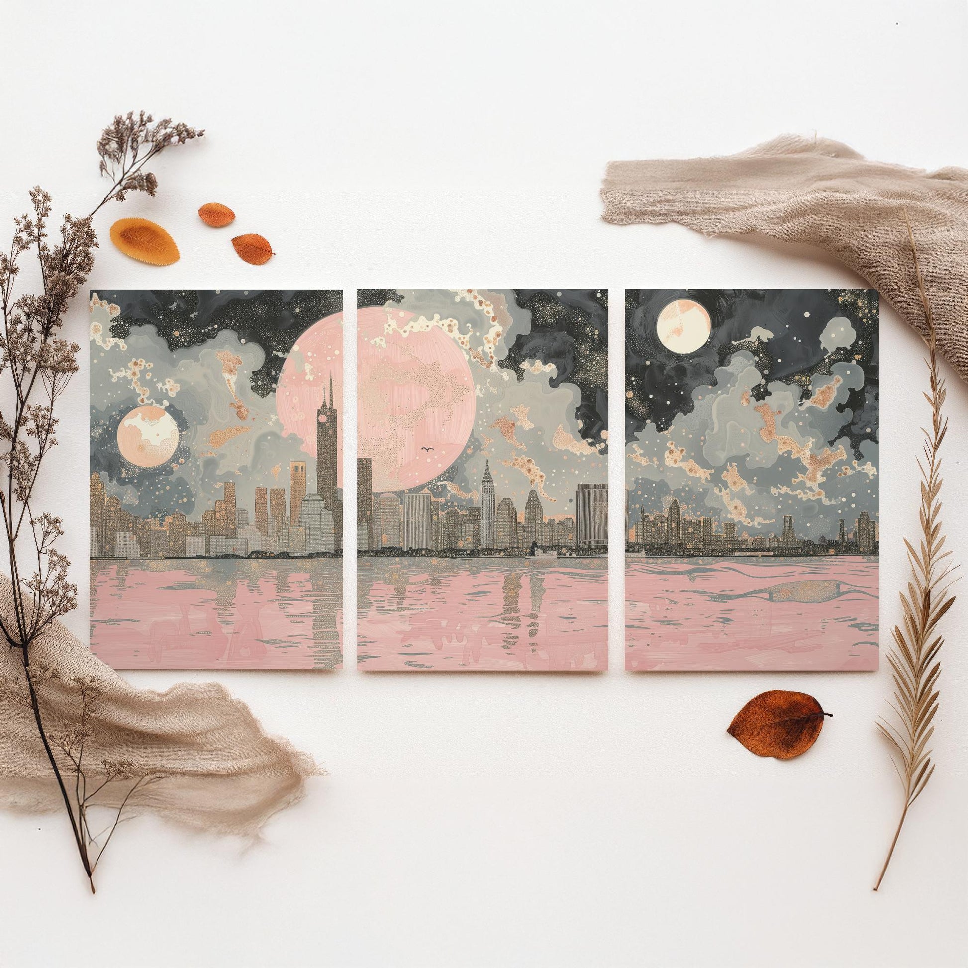 New York Skyline Set of Three Art Prints - 3 Abstract Cityscape Posters - Pink Moon Modern Illustration Wall Decor Gift