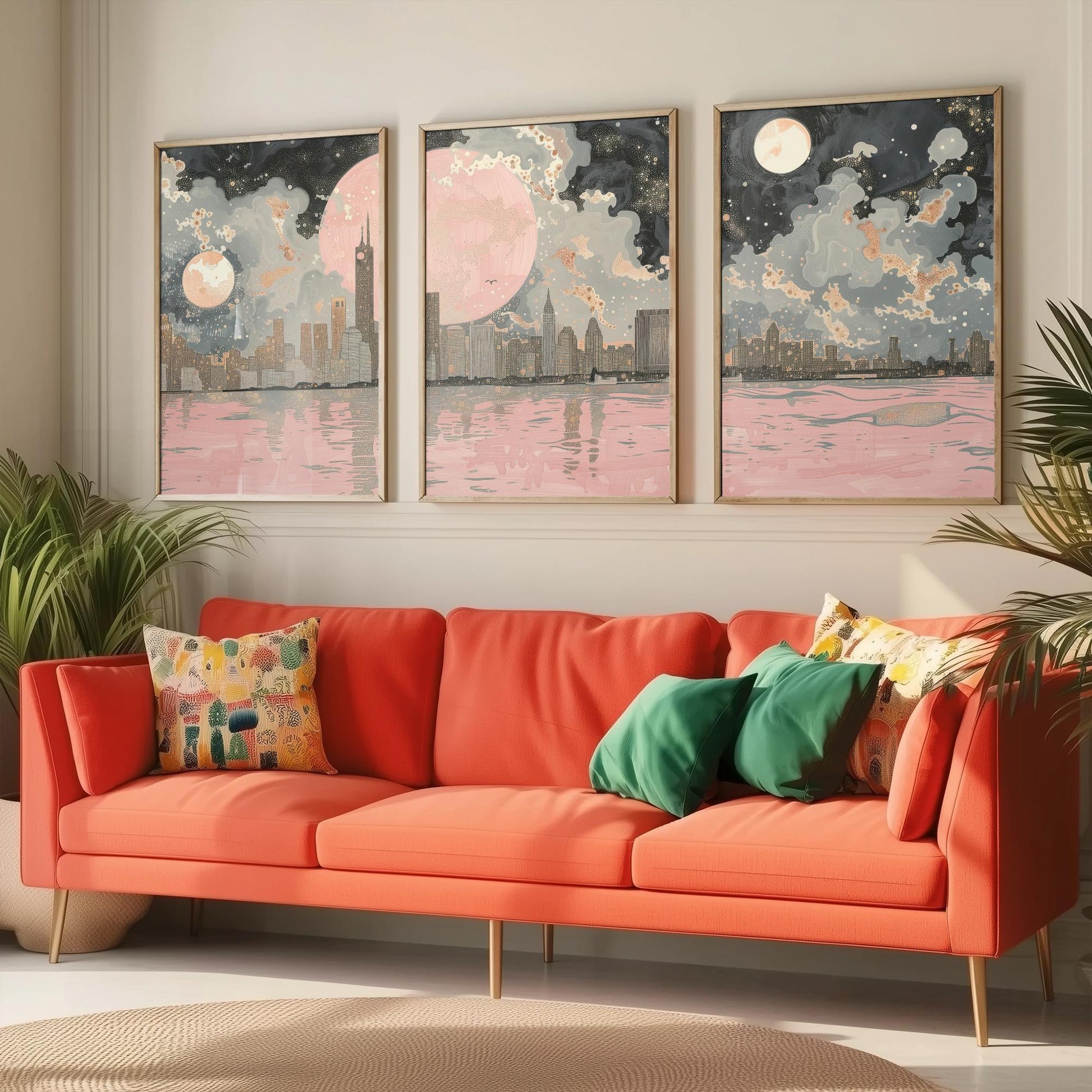 New York Skyline Set of Three Art Prints - 3 Abstract Cityscape Posters - Pink Moon Modern Illustration Wall Decor Gift