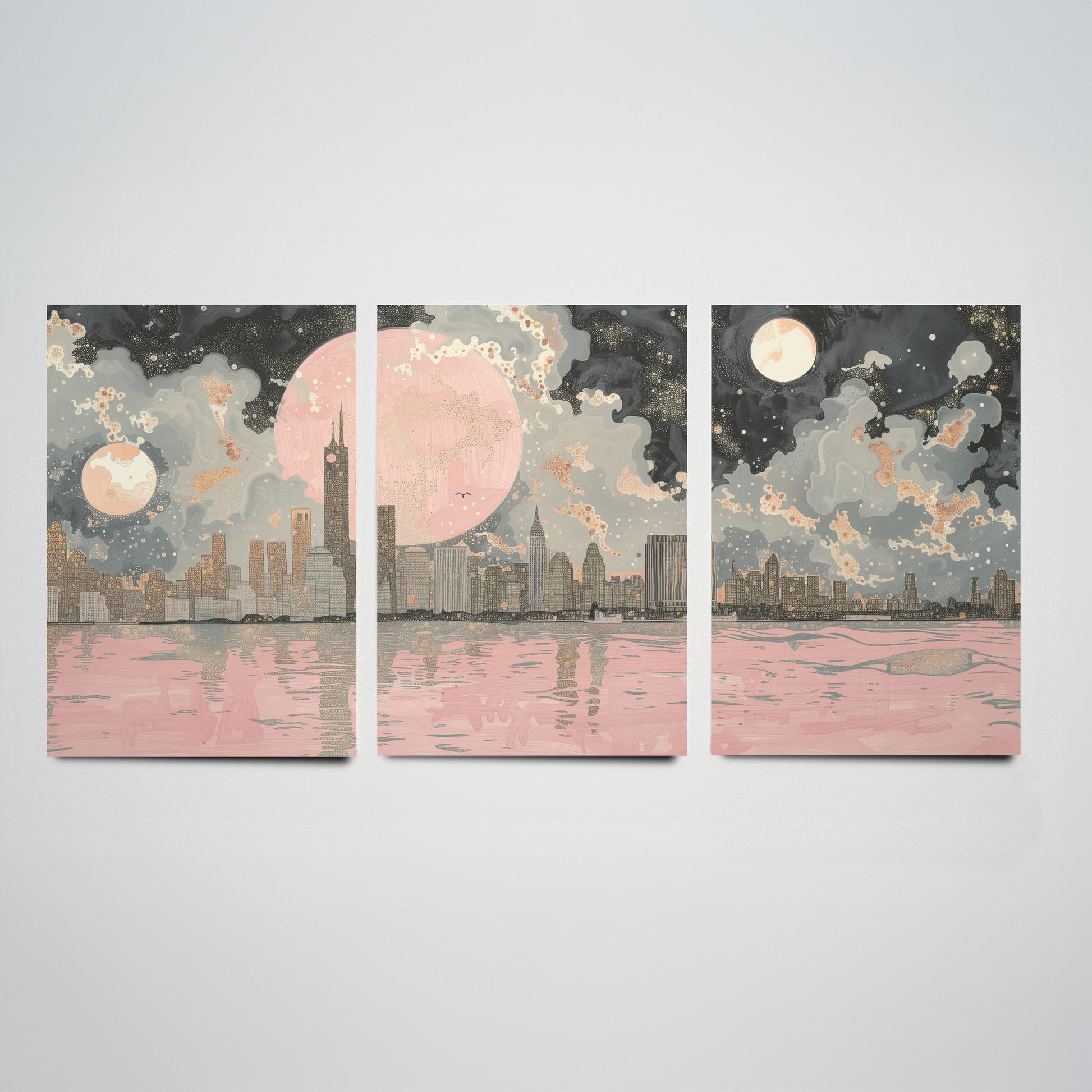 New York Skyline Set of Three Art Prints - 3 Abstract Cityscape Posters - Pink Moon Modern Illustration Wall Decor Gift