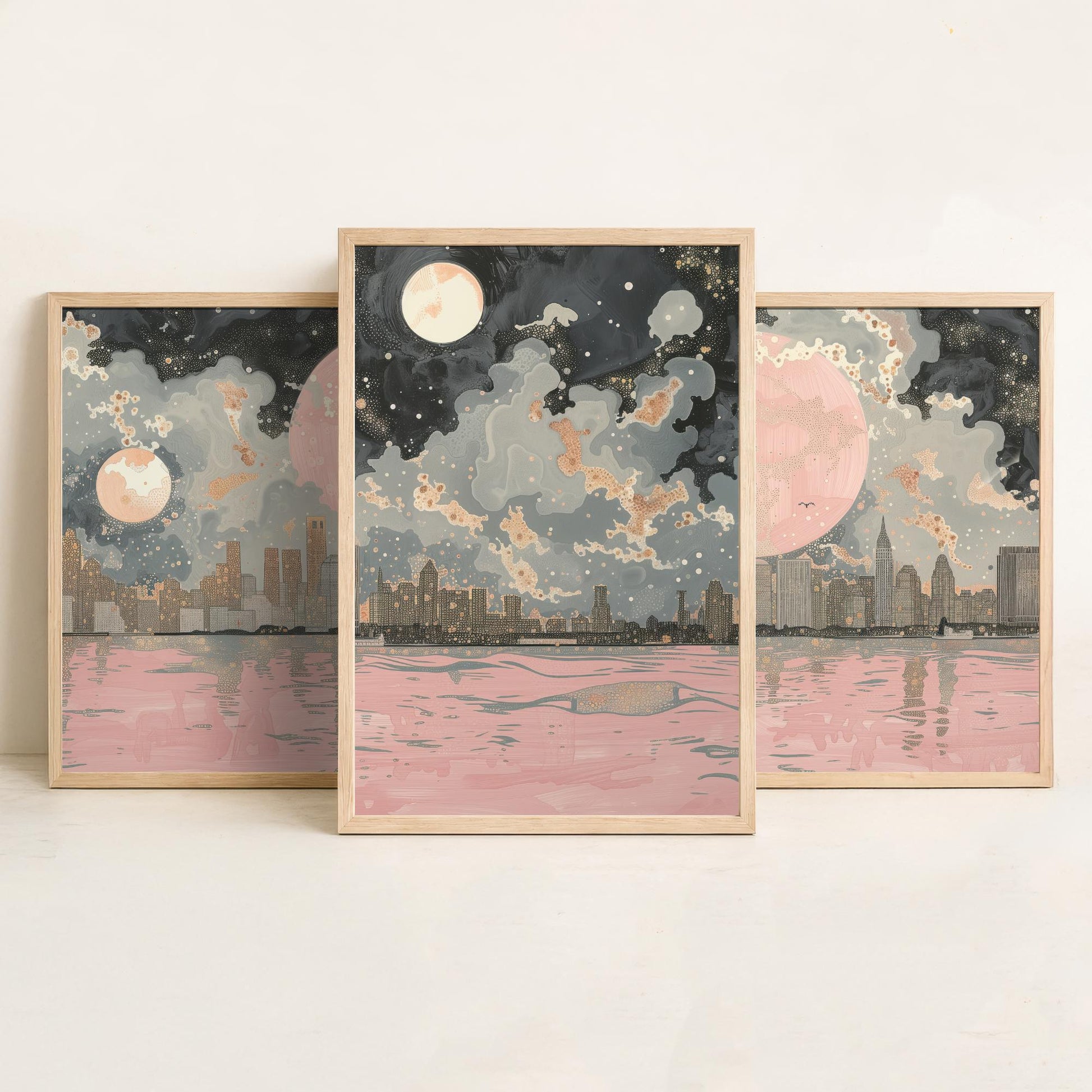 New York Skyline Set of Three Art Prints - 3 Abstract Cityscape Posters - Pink Moon Modern Illustration Wall Decor Gift