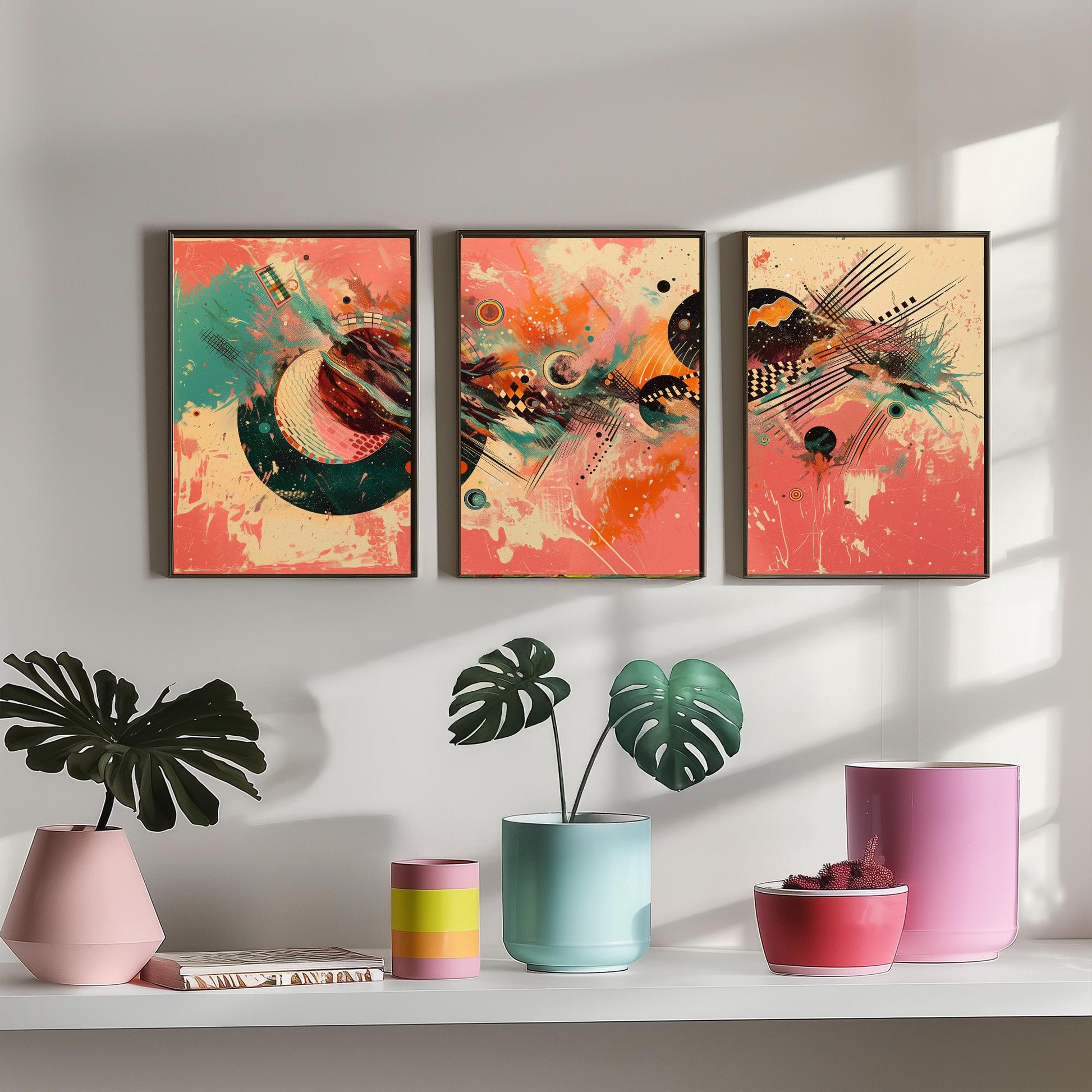 Colourful Abstract Circles Set of Three Art Prints - 3 Modern Geometric Posters - Bold Coral Illustration Wall Decor Gift