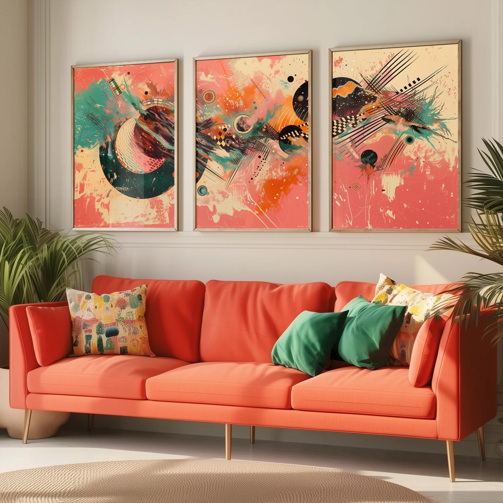 Colourful Abstract Circles Set of Three Art Prints - 3 Modern Geometric Posters - Bold Coral Illustration Wall Decor Gift