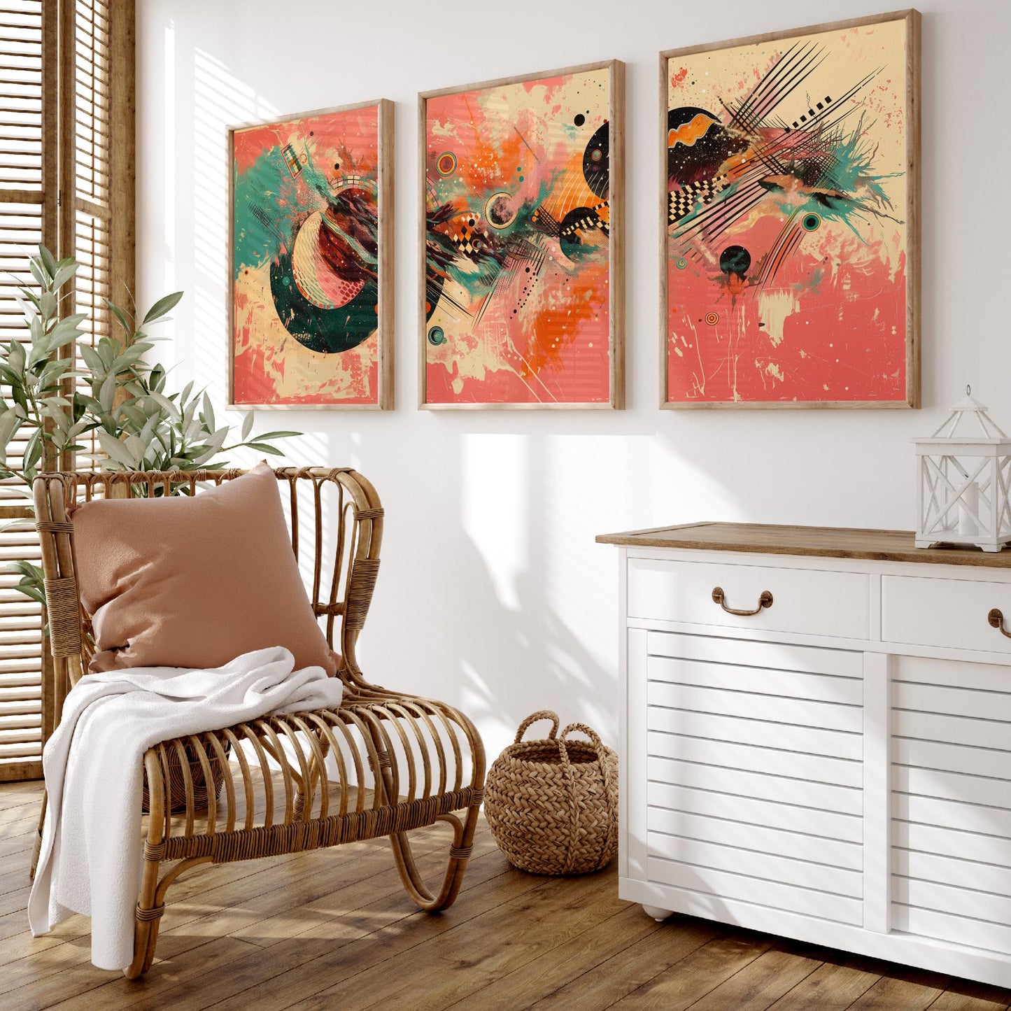Colourful Abstract Circles Set of Three Art Prints - 3 Modern Geometric Posters - Bold Coral Illustration Wall Decor Gift