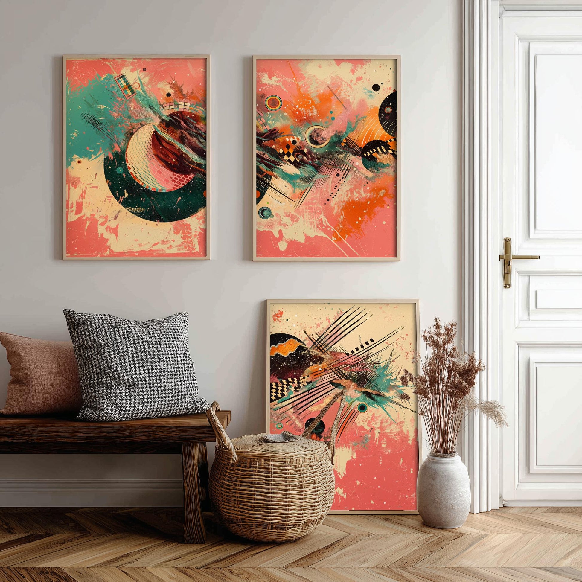 Colourful Abstract Circles Set of Three Art Prints - 3 Modern Geometric Posters - Bold Coral Illustration Wall Decor Gift