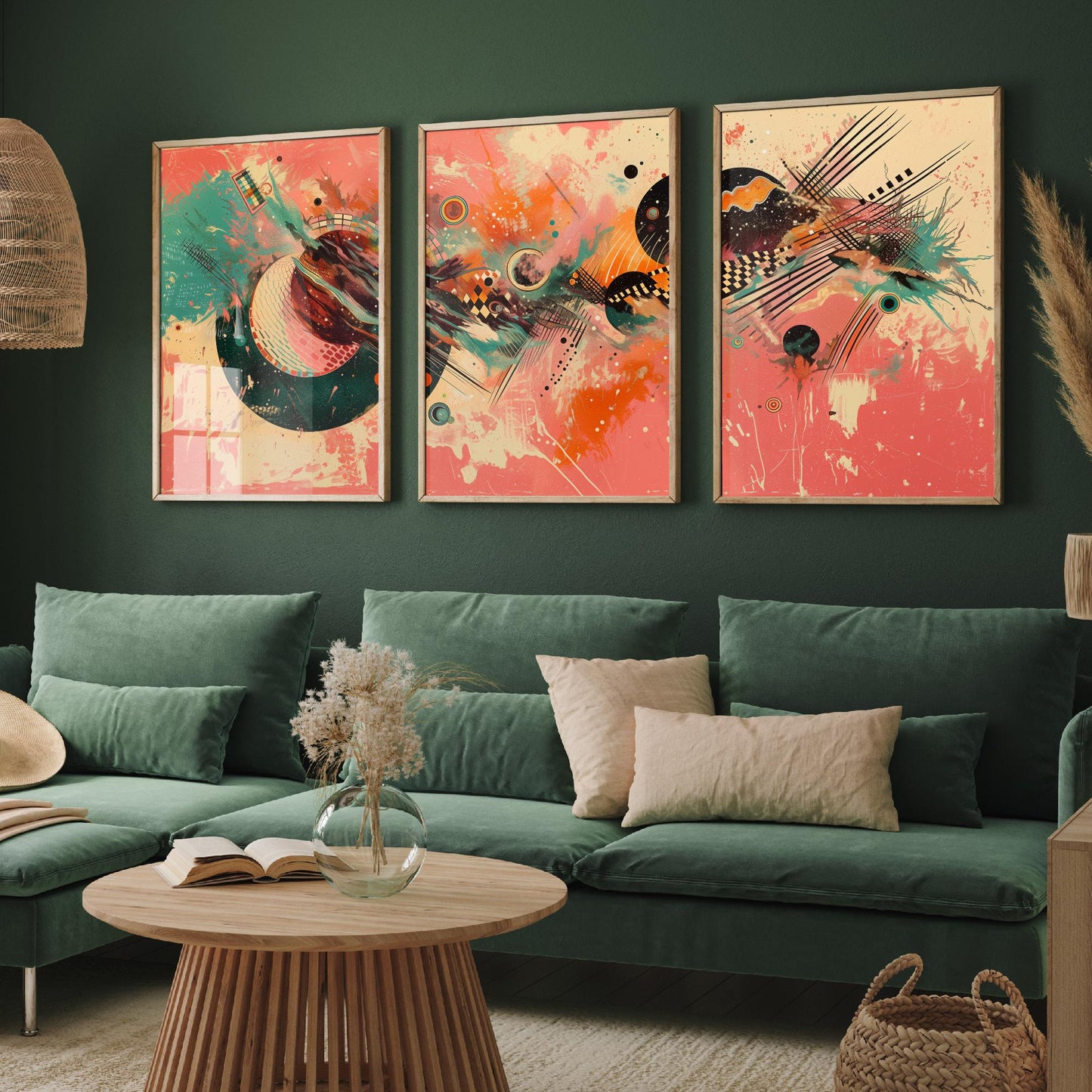 Colourful Abstract Circles Set of Three Art Prints - 3 Modern Geometric Posters - Bold Coral Illustration Wall Decor Gift